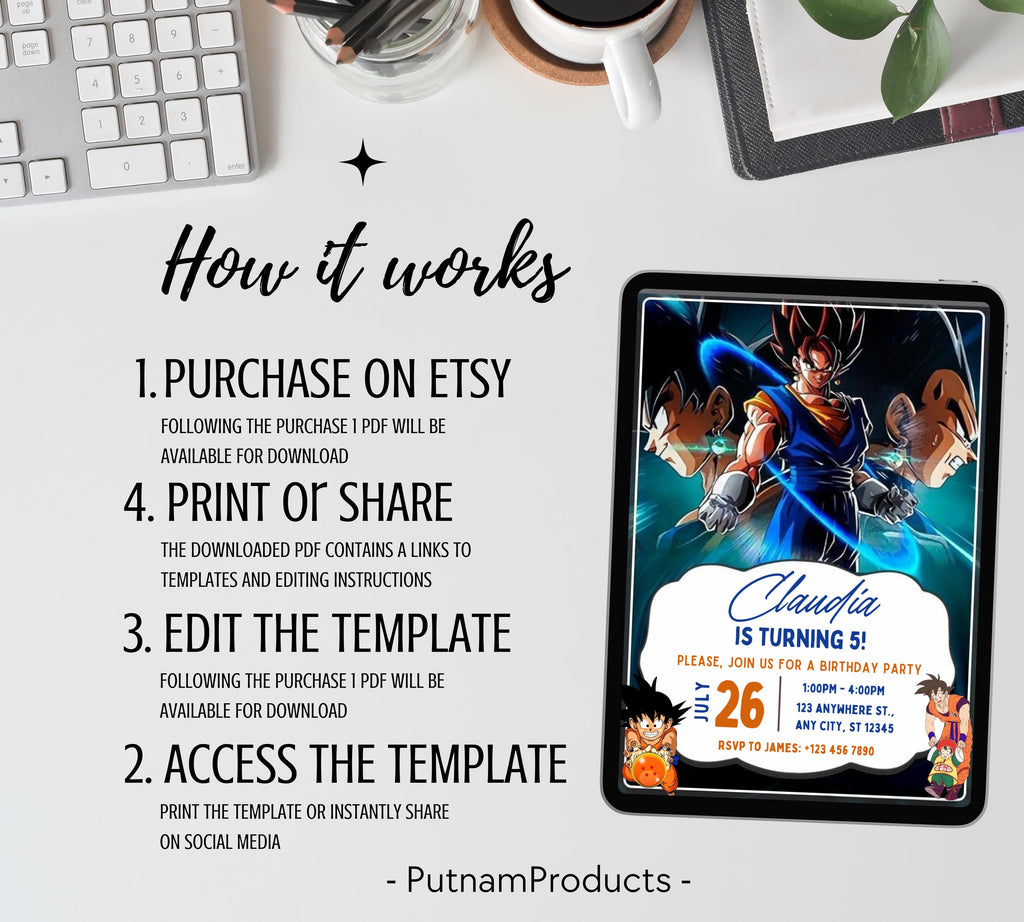 Editable Dragon Ball Birthday Invitation Template, Printable Digital Kids Party Template, Boys Birthday Party Invite, Instant Download