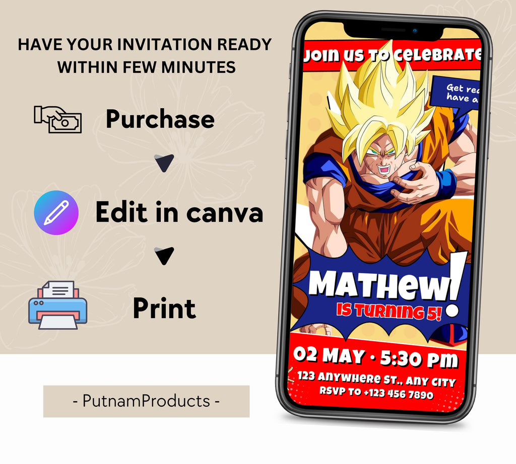 Dragon Ball Birthday Invitation Template, Editable Digital Kids Birthday Party Template, Boys Birthday Party Invite, Instant Download