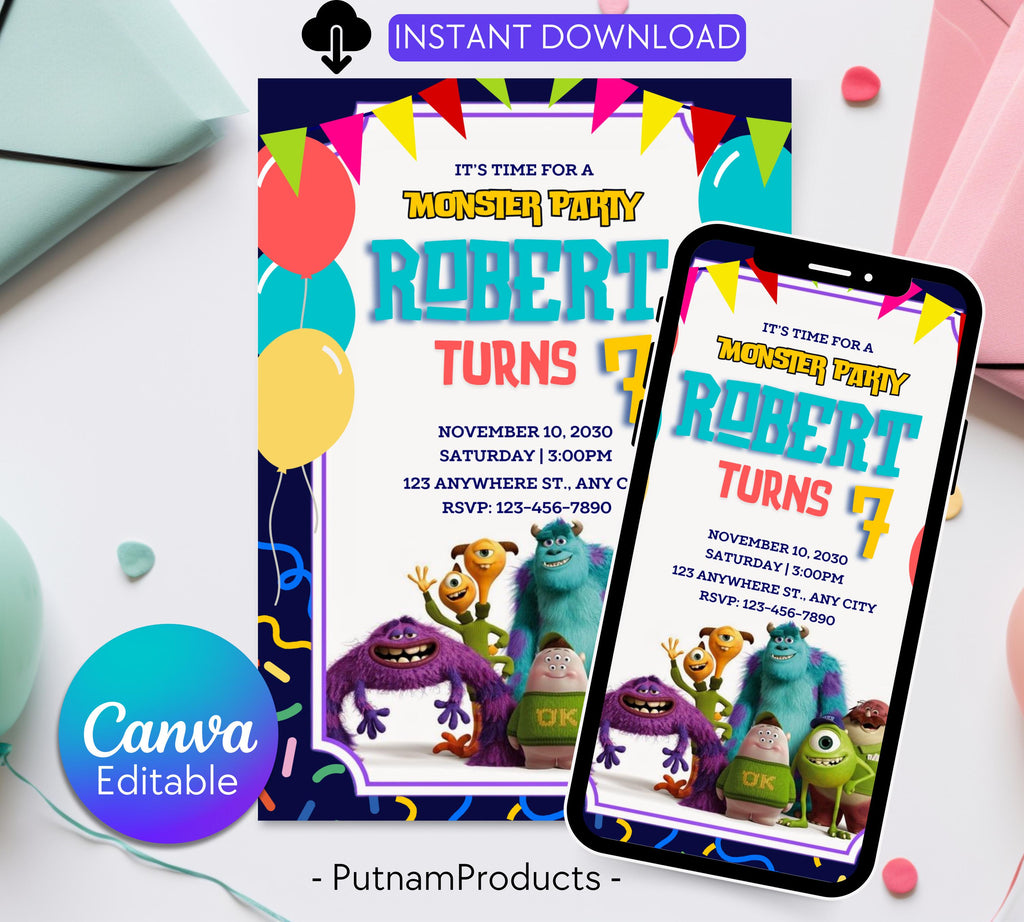 Monsters Inc Boo Birthday Invitation, Kids Birthday Invite, Monsters University Template, Editable Monsters Inc Theme Birthday Invitation