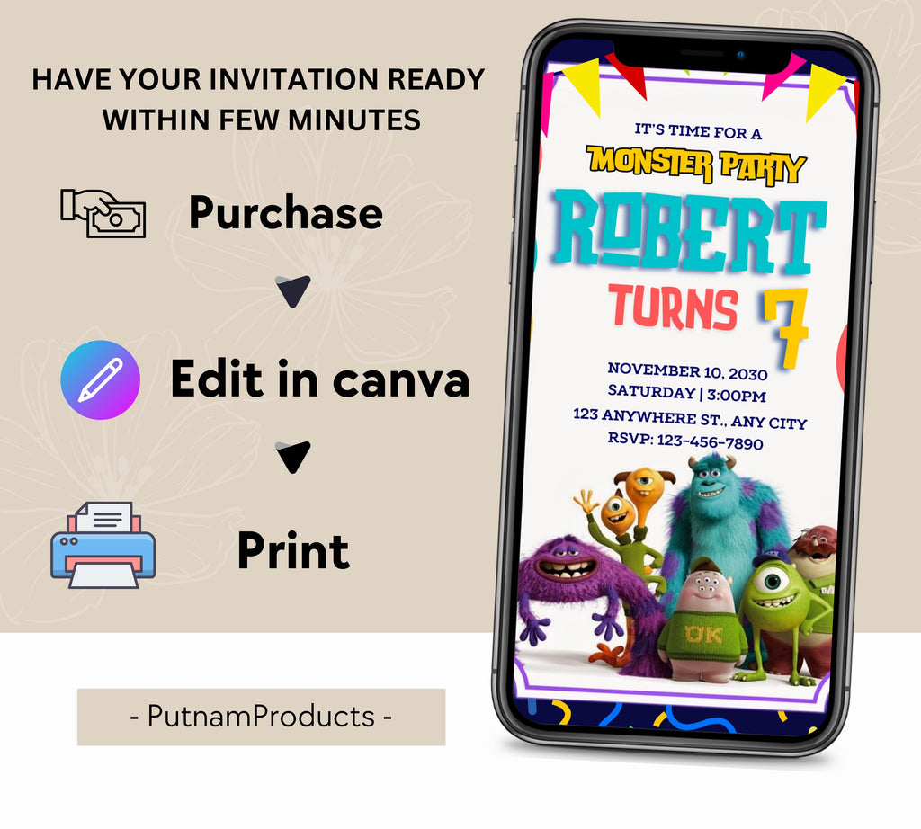 Monsters Inc Boo Birthday Invitation, Kids Birthday Invite, Monsters University Template, Editable Monsters Inc Theme Birthday Invitation