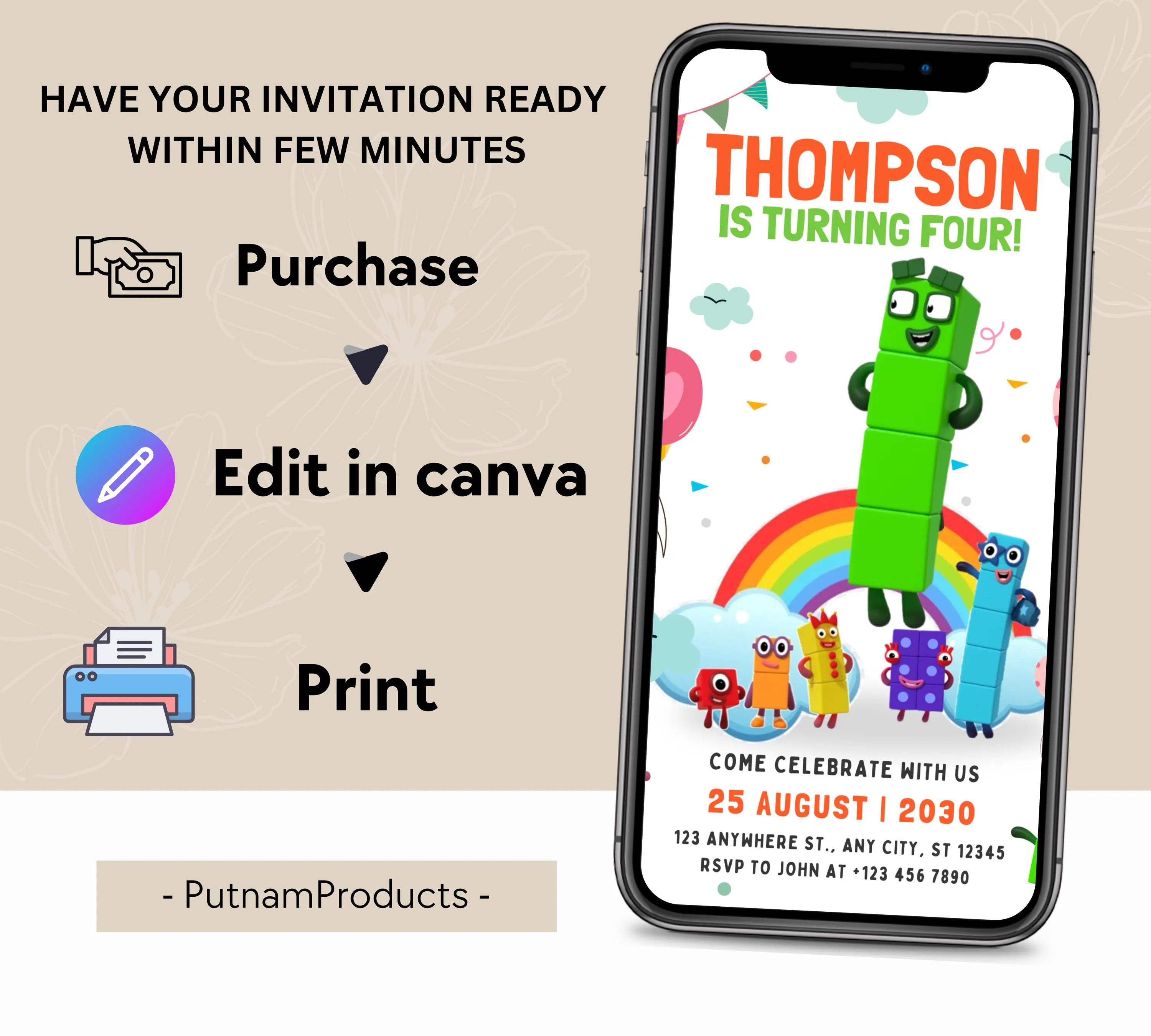 Editable Number blocks Birthday Invitation, Number blocks Birthday Party, Number Blocks Kids Birthday Party, Learn Numbers Kids Bday Party