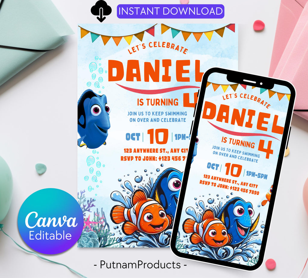 Editable Finding Nemo Birthday Invitation, Finding Dory Birthday Printable Invitation, Nemo Birthday Invite, Boy or Girl Birthday Invite
