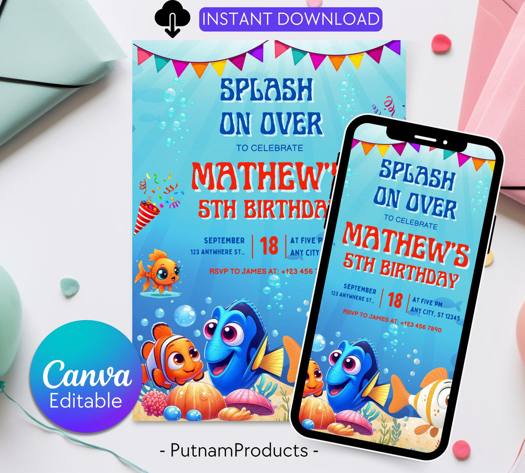 Finding Nemo Birthday Invitation, Nemo Kids Birthday Invite, Dory Birthday Invitation, Nemo Kids Party Invite, Under the Sea Birthday Invite