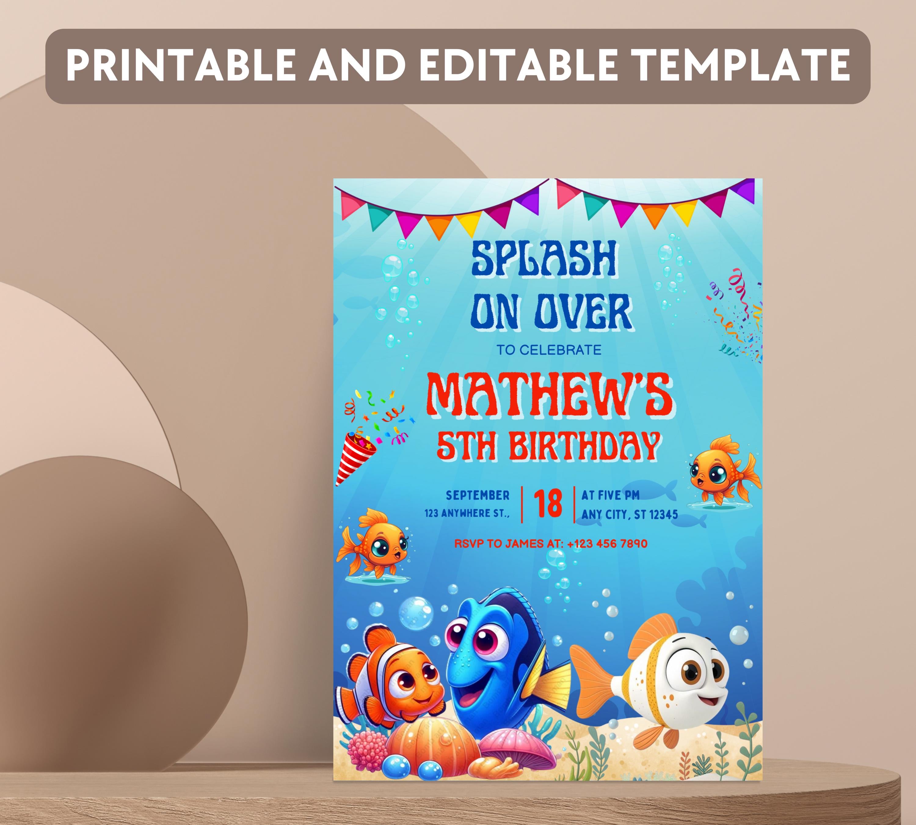 Finding Nemo Birthday Invitation, Nemo Kids Birthday Invite, Dory Birthday Invitation, Nemo Kids Party Invite, Under the Sea Birthday Invite