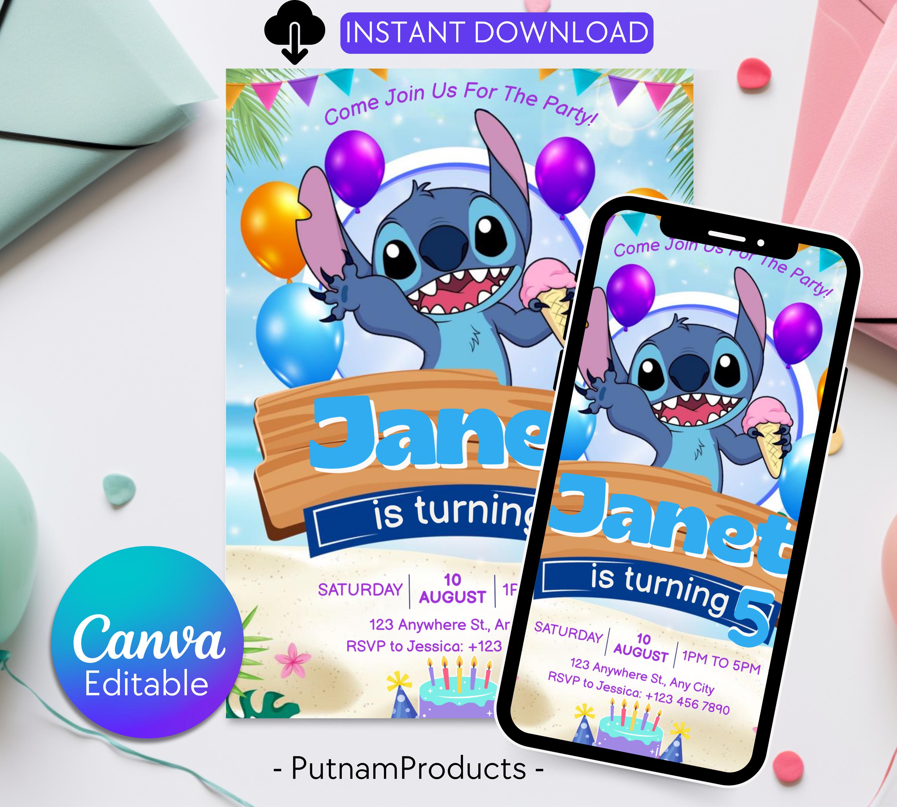 Stitch Birthday Invitation Editable Template, Editable Kids Birthday Invitation, Stitch Birthday Party Invitation, Invite Canva Template