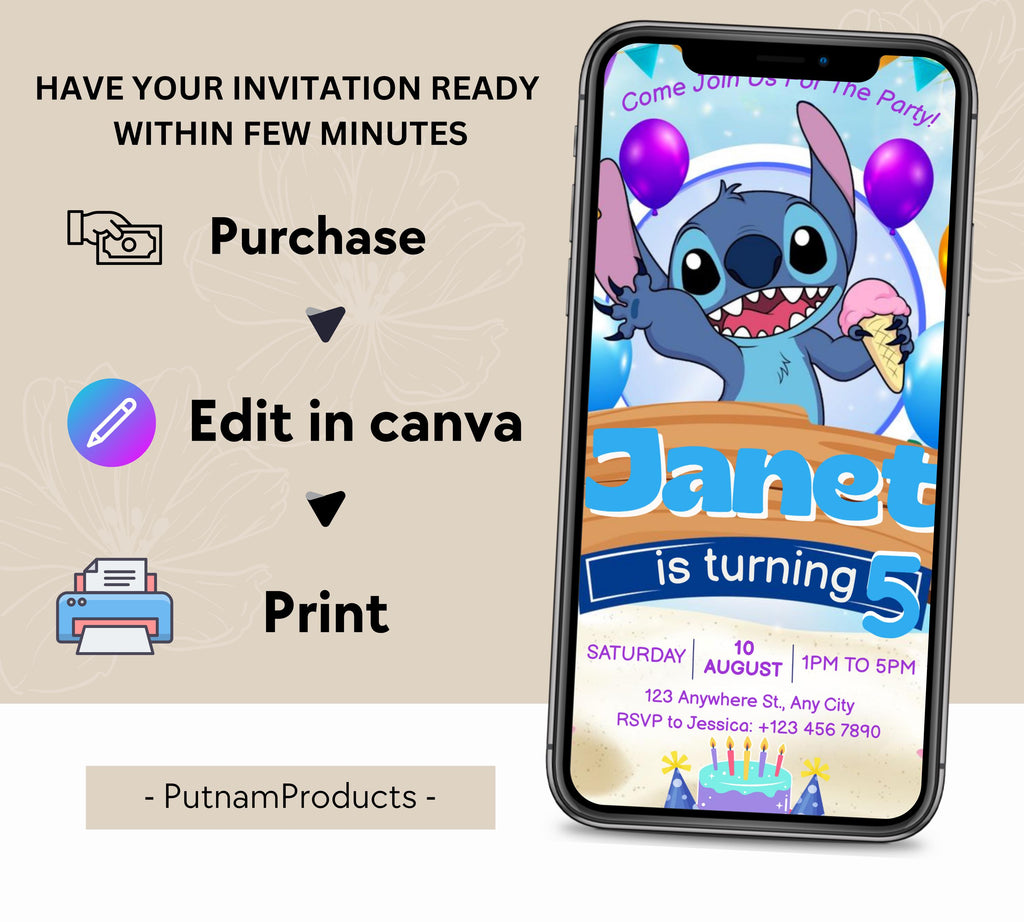 Stitch Birthday Invitation Editable Template, Editable Kids Birthday Invitation, Stitch Birthday Party Invitation, Invite Canva Template
