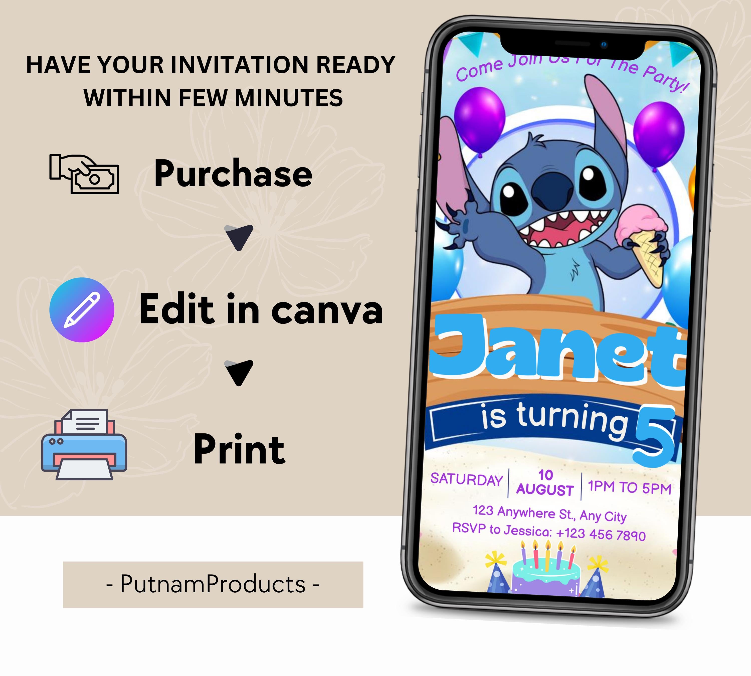 Stitch Birthday Invitation Editable Template, Editable Kids Birthday Invitation, Stitch Birthday Party Invitation, Invite Canva Template