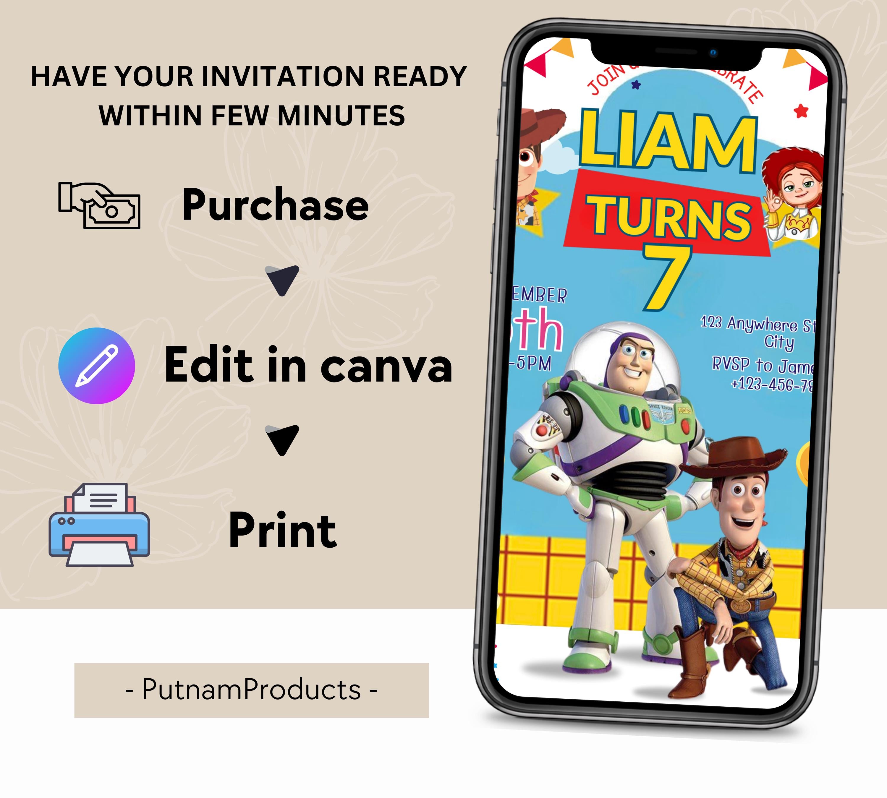 Editable Toy Story Birthday Invitation Template, Kids Birthday Party Invitation, Birthday Editable Canva, DIY Birthday Invitation