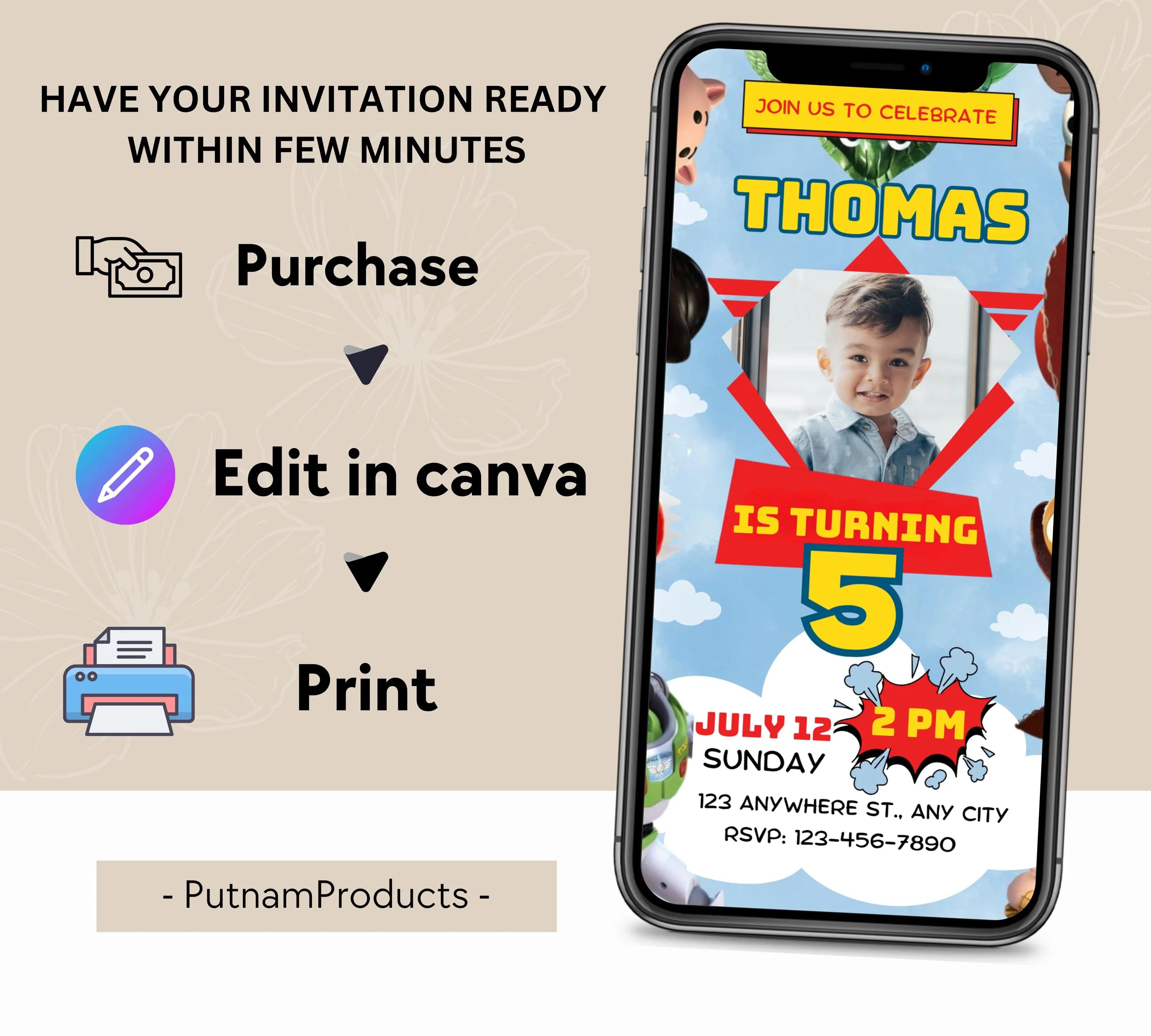 Editable Toy Story Birthday Invitation, Kids image Birthday Invitation, Toy Story Birthday Party Birthday Invitation, Instant Download