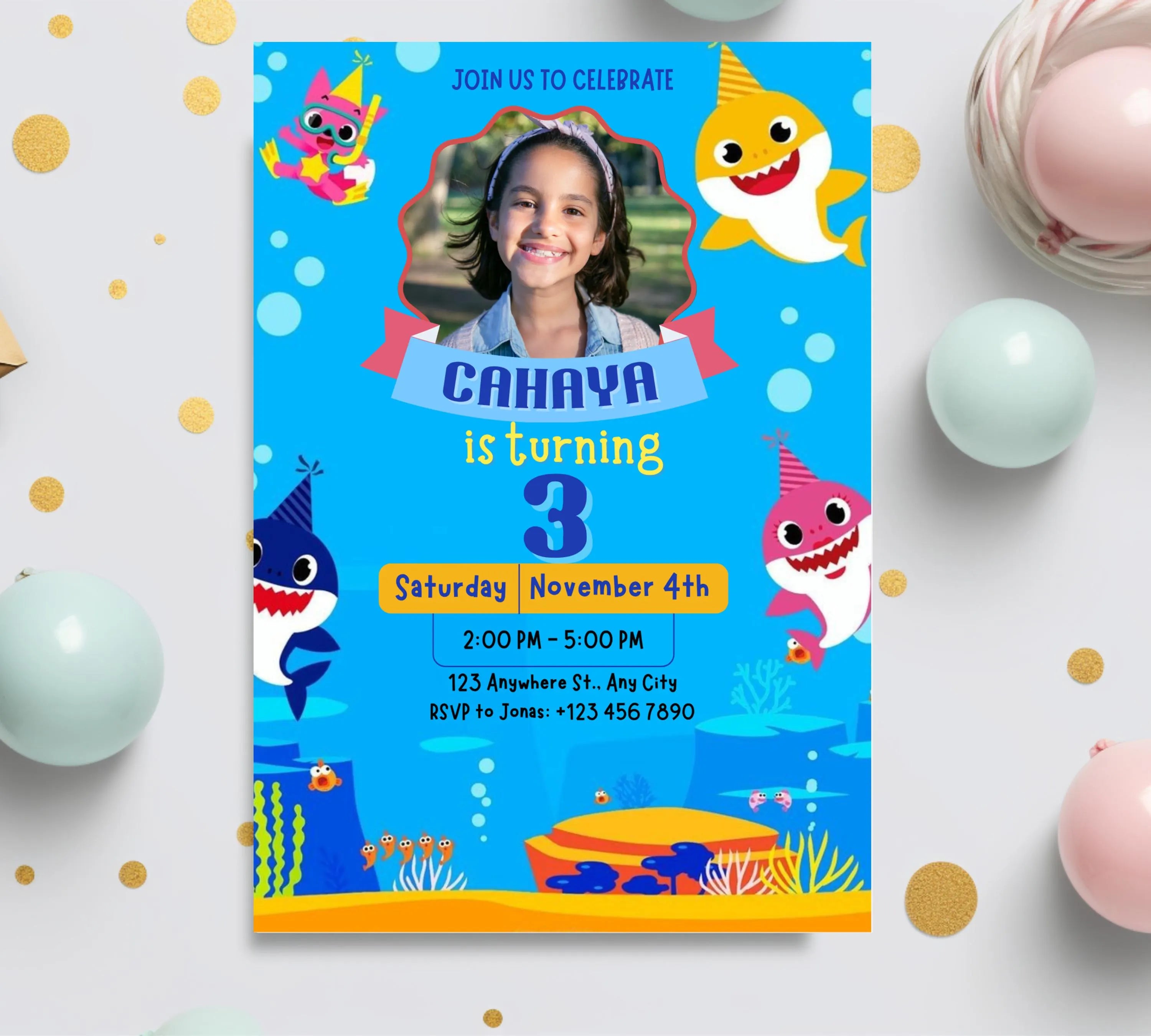Editable Baby Shark Birthday Invitation, Girl Kids Birthday Party Invite, Kids Imagery birthday invitation, Canva Instant Download