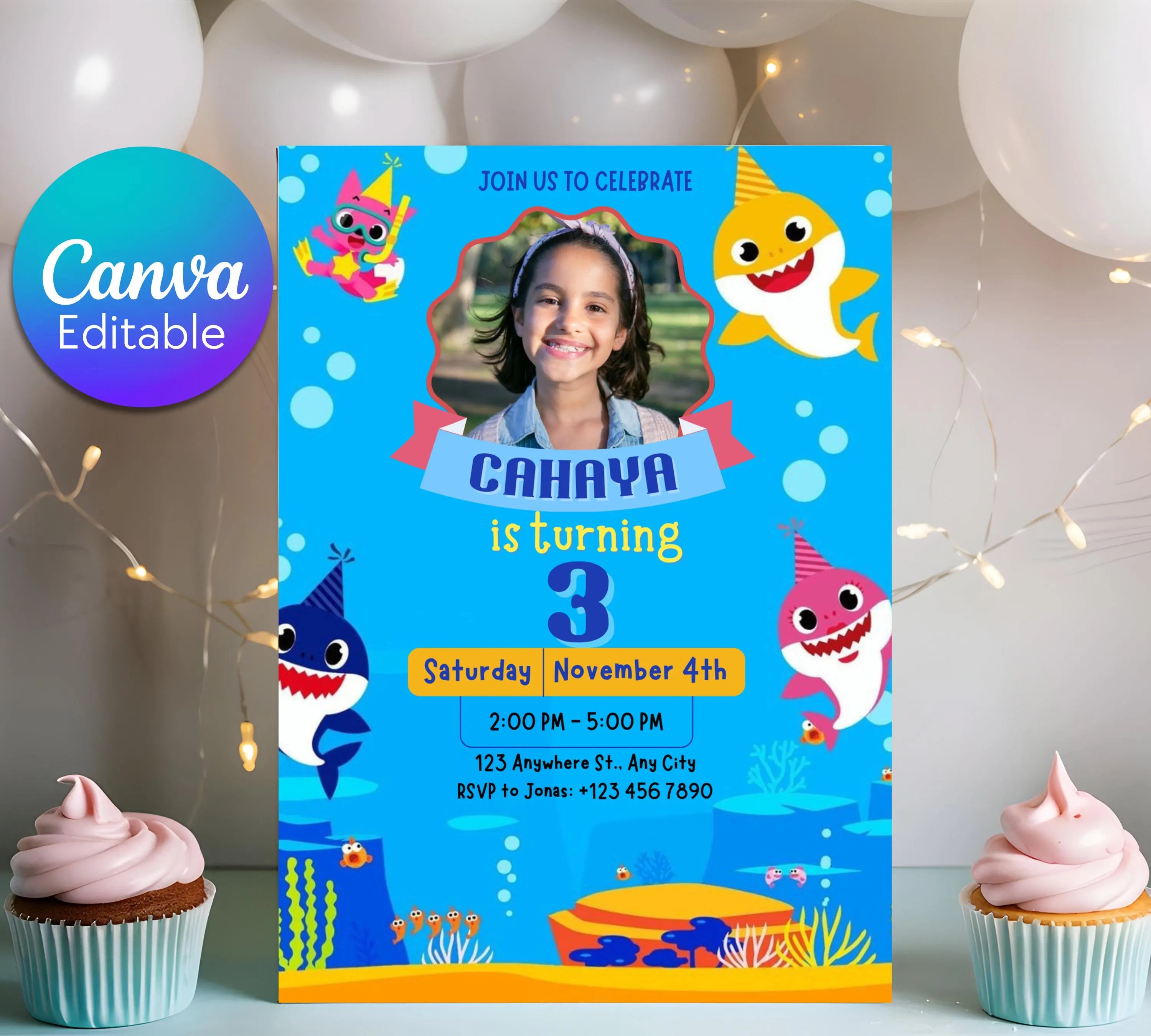 Editable Baby Shark Birthday Invitation, Girl Kids Birthday Party Invite, Kids Imagery birthday invitation, Canva Instant Download