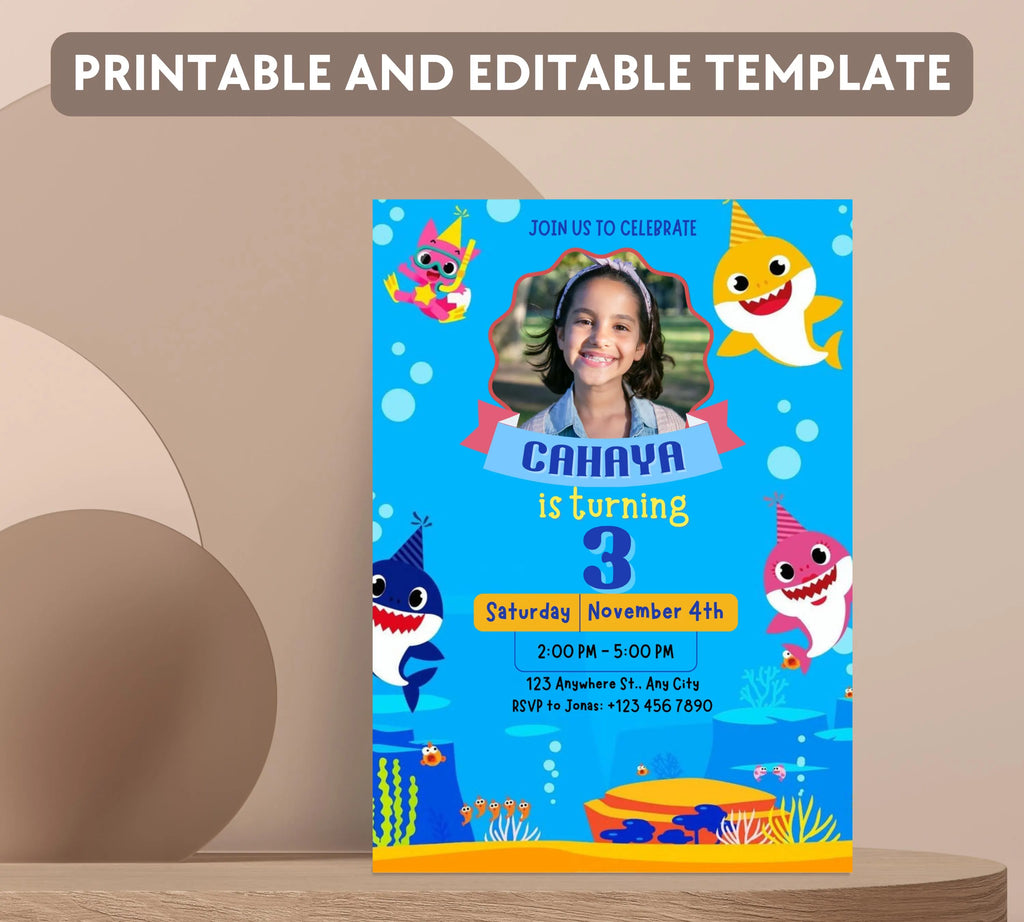 Editable Baby Shark Birthday Invitation, Girl Kids Birthday Party Invite, Kids Imagery birthday invitation, Canva Instant Download