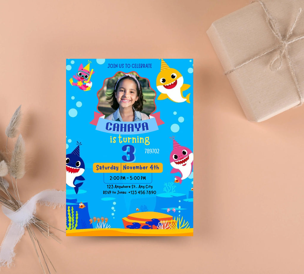Editable Baby Shark Birthday Invitation, Girl Kids Birthday Party Invite, Kids Imagery birthday invitation, Canva Instant Download