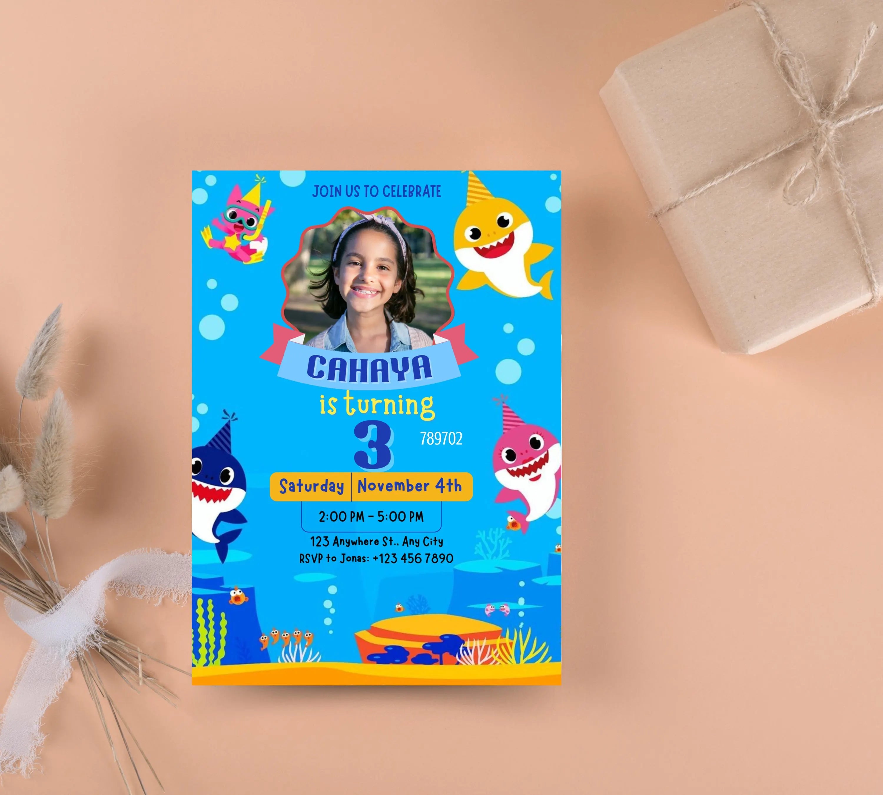 Editable Baby Shark Birthday Invitation, Girl Kids Birthday Party Invite, Kids Imagery birthday invitation, Canva Instant Download