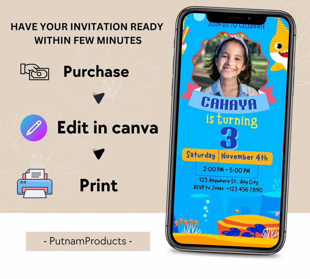 Editable Baby Shark Birthday Invitation, Girl Kids Birthday Party Invite, Kids Imagery birthday invitation, Canva Instant Download