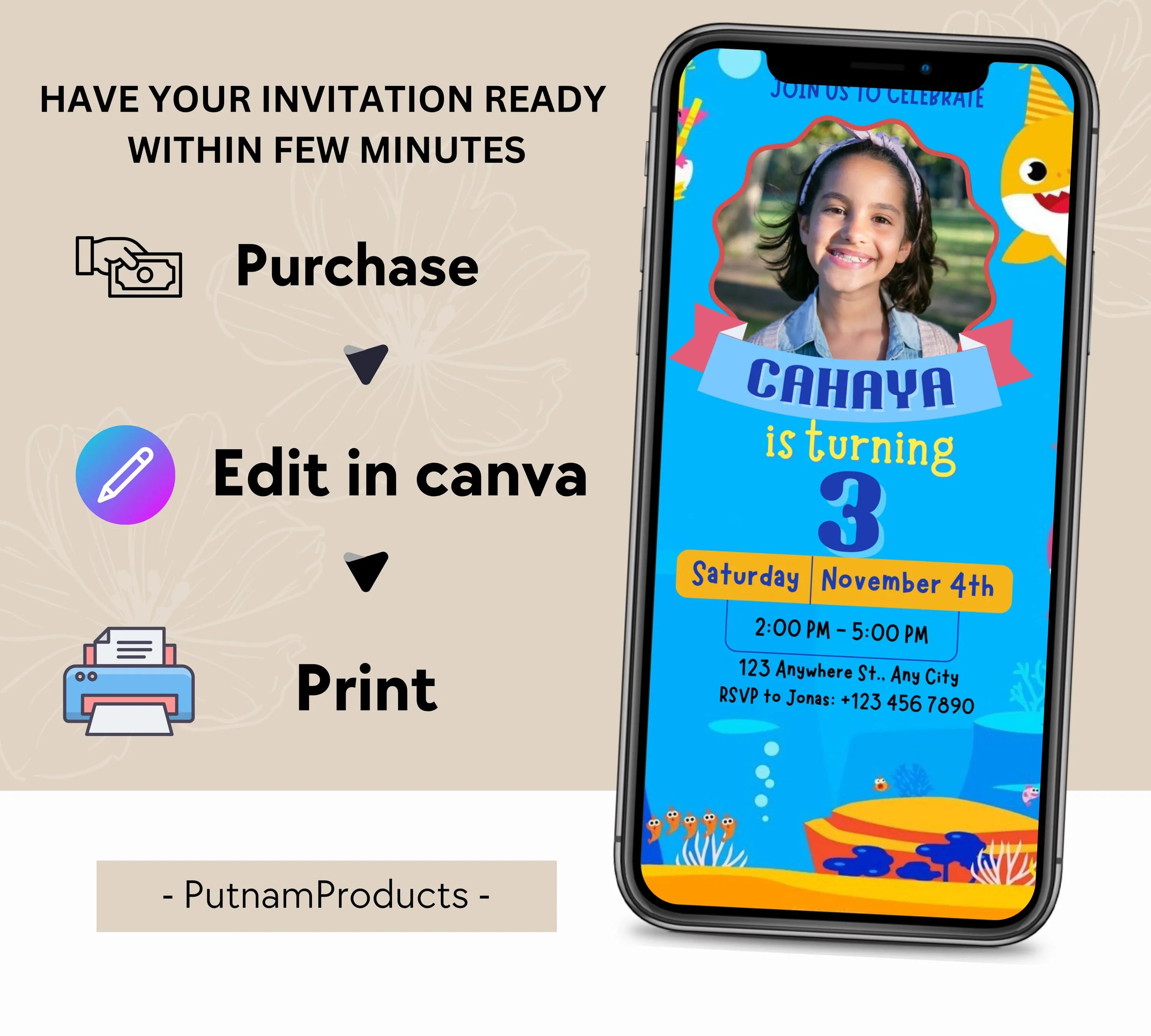 Editable Baby Shark Birthday Invitation, Girl Kids Birthday Party Invite, Kids Imagery birthday invitation, Canva Instant Download