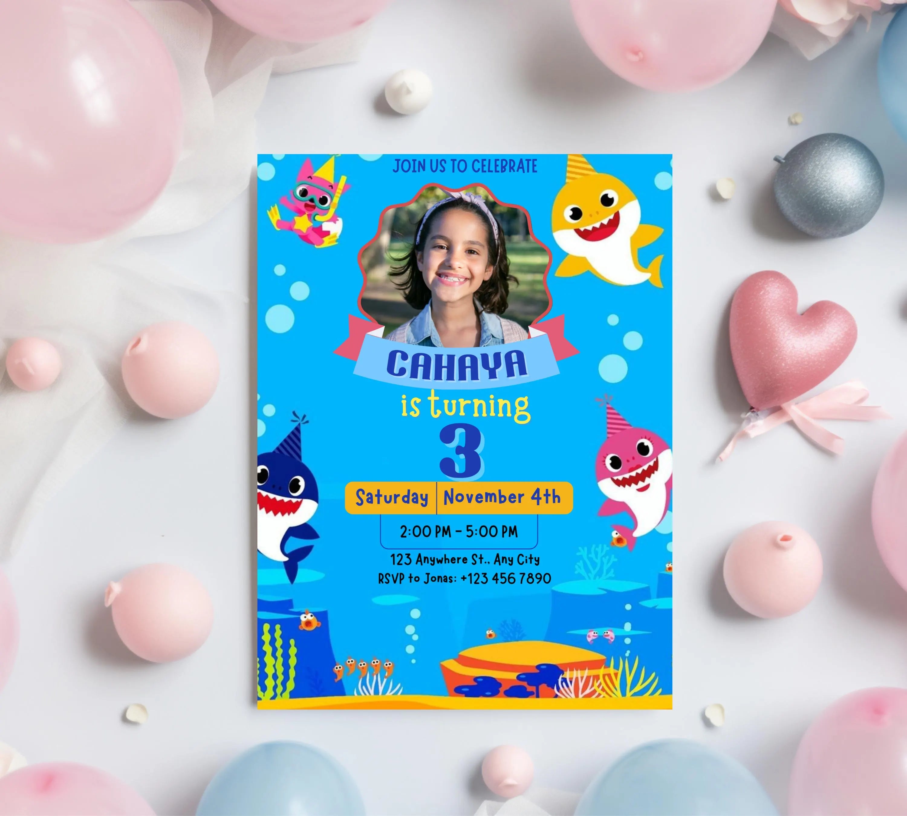 Editable Baby Shark Birthday Invitation, Girl Kids Birthday Party Invite, Kids Imagery birthday invitation, Canva Instant Download