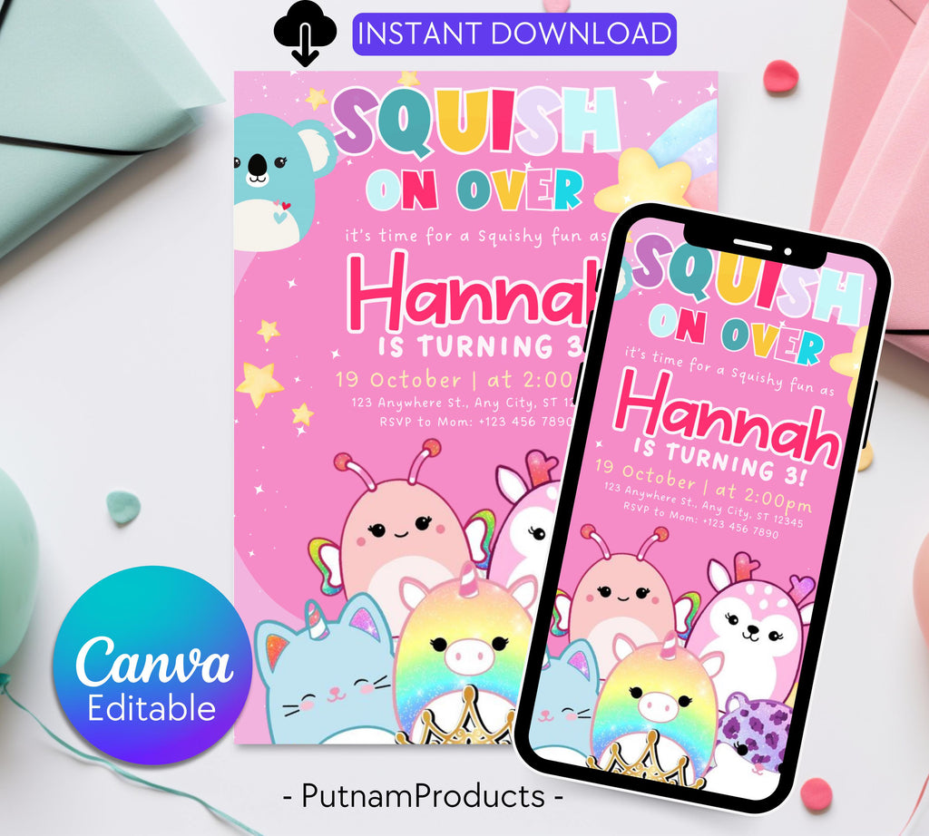 Editable Squishmallow Birthday Invitation, Squishmallow Invitation for Kids, Squish Birthday Party Invite, Digital Kids Party Invitation