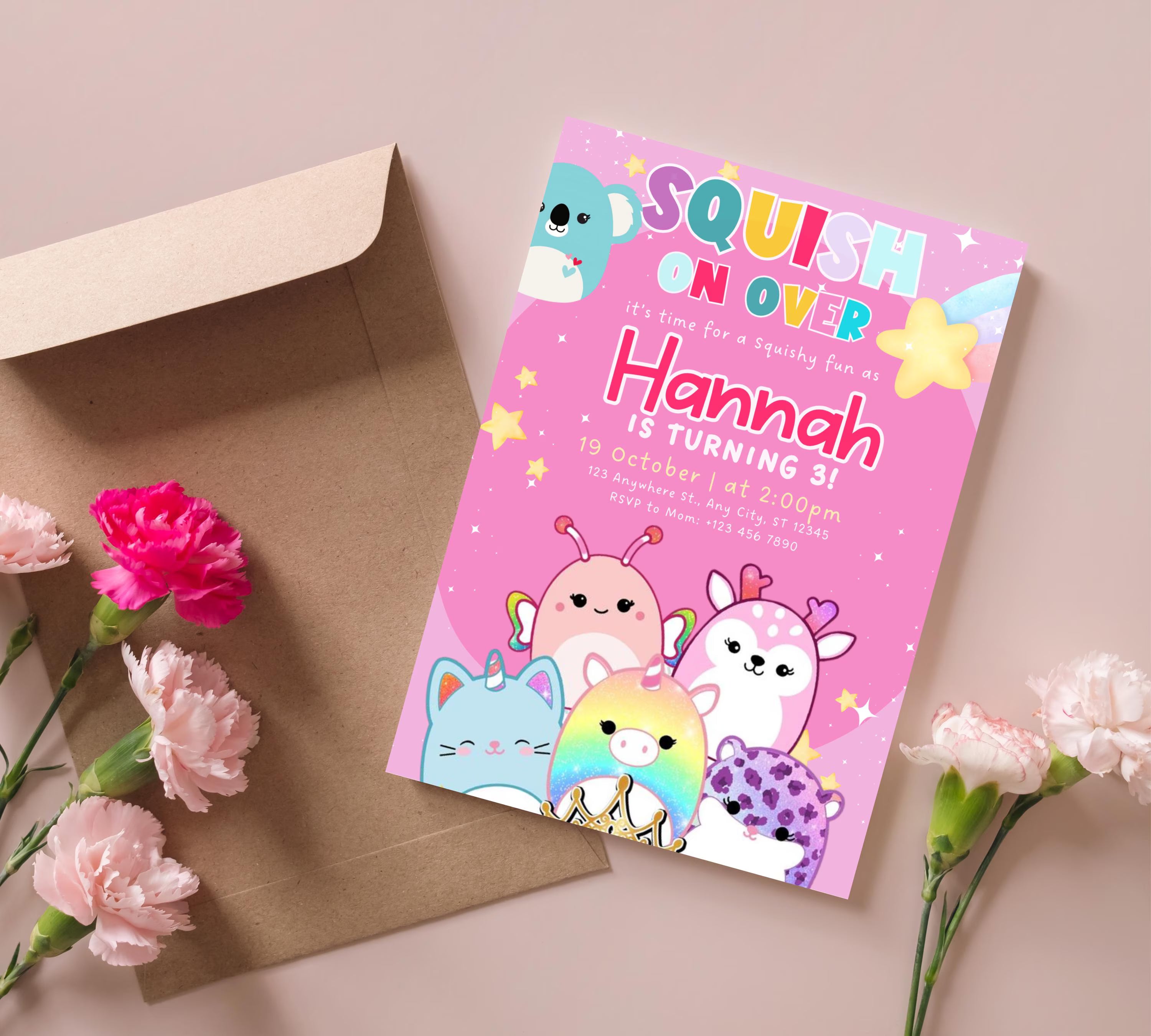 Editable Squishmallow Birthday Invitation, Squishmallow Invitation for Kids, Squish Birthday Party Invite, Digital Kids Party Invitation