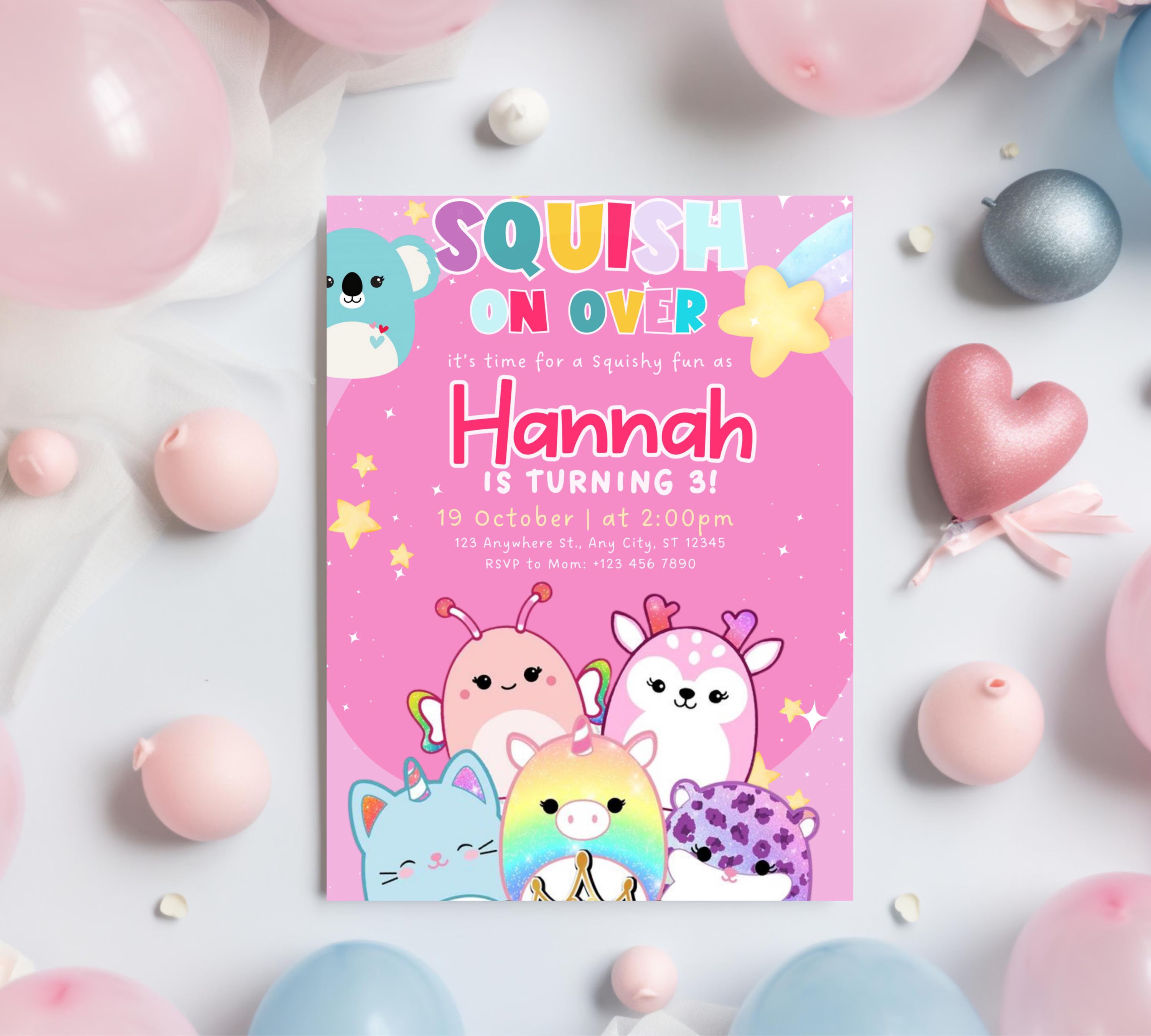 Editable Squishmallow Birthday Invitation, Squishmallow Invitation for Kids, Squish Birthday Party Invite, Digital Kids Party Invitation