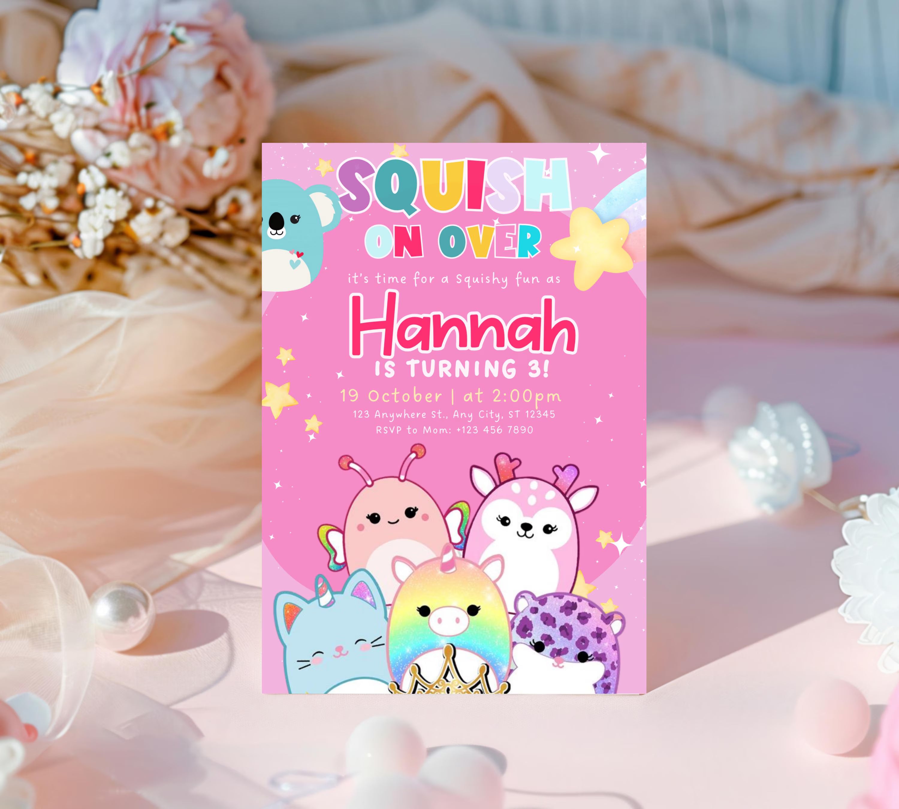 Editable Squishmallow Birthday Invitation, Squishmallow Invitation for Kids, Squish Birthday Party Invite, Digital Kids Party Invitation