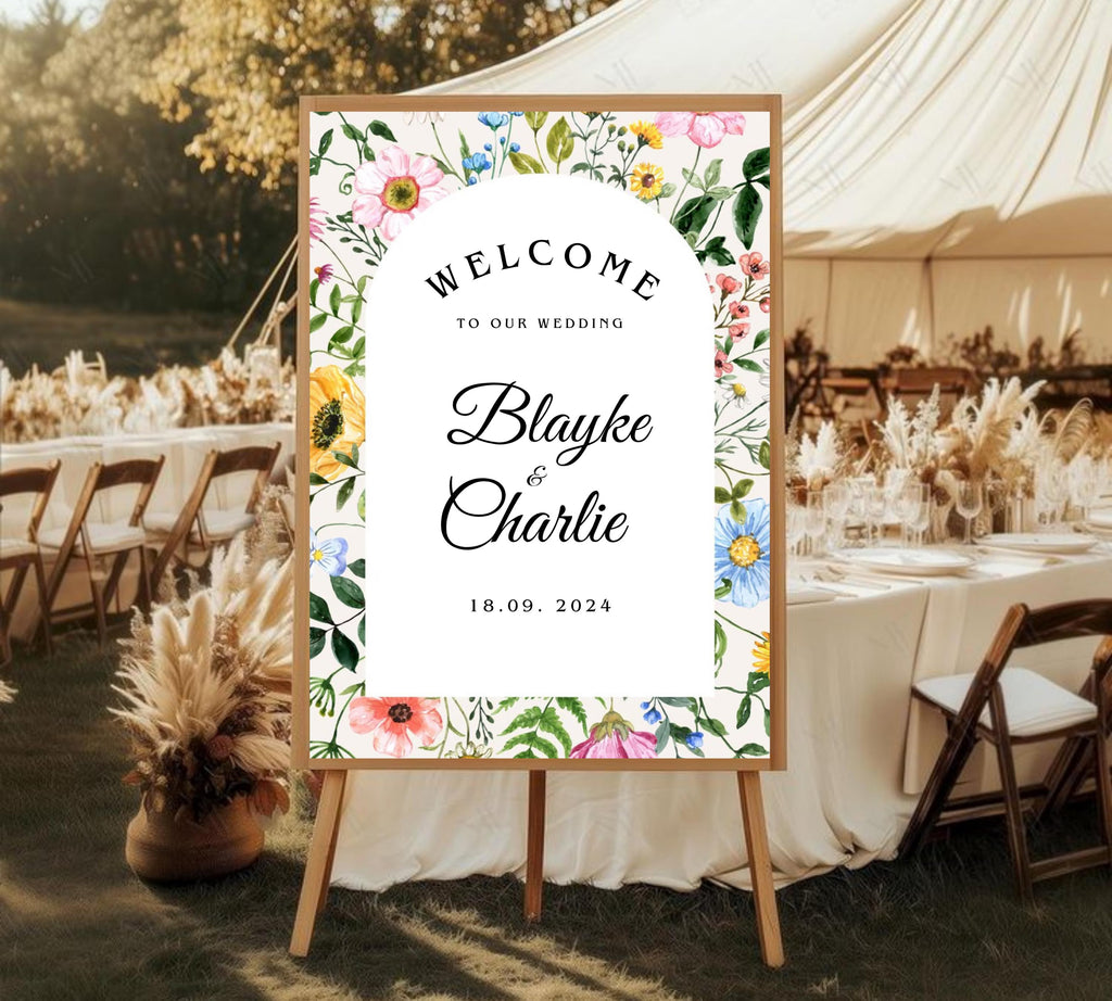 Editable Wildflower Wedding Welcome Sign, Colorful Floral Wedding Garden Party Poster, Boho Flowers Welcome Sign Template, Instant Download