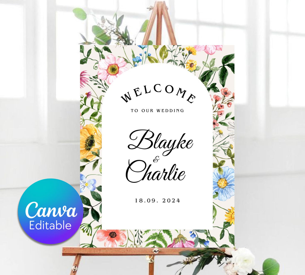 Editable Wildflower Wedding Welcome Sign, Colorful Floral Wedding Garden Party Poster, Boho Flowers Welcome Sign Template, Instant Download