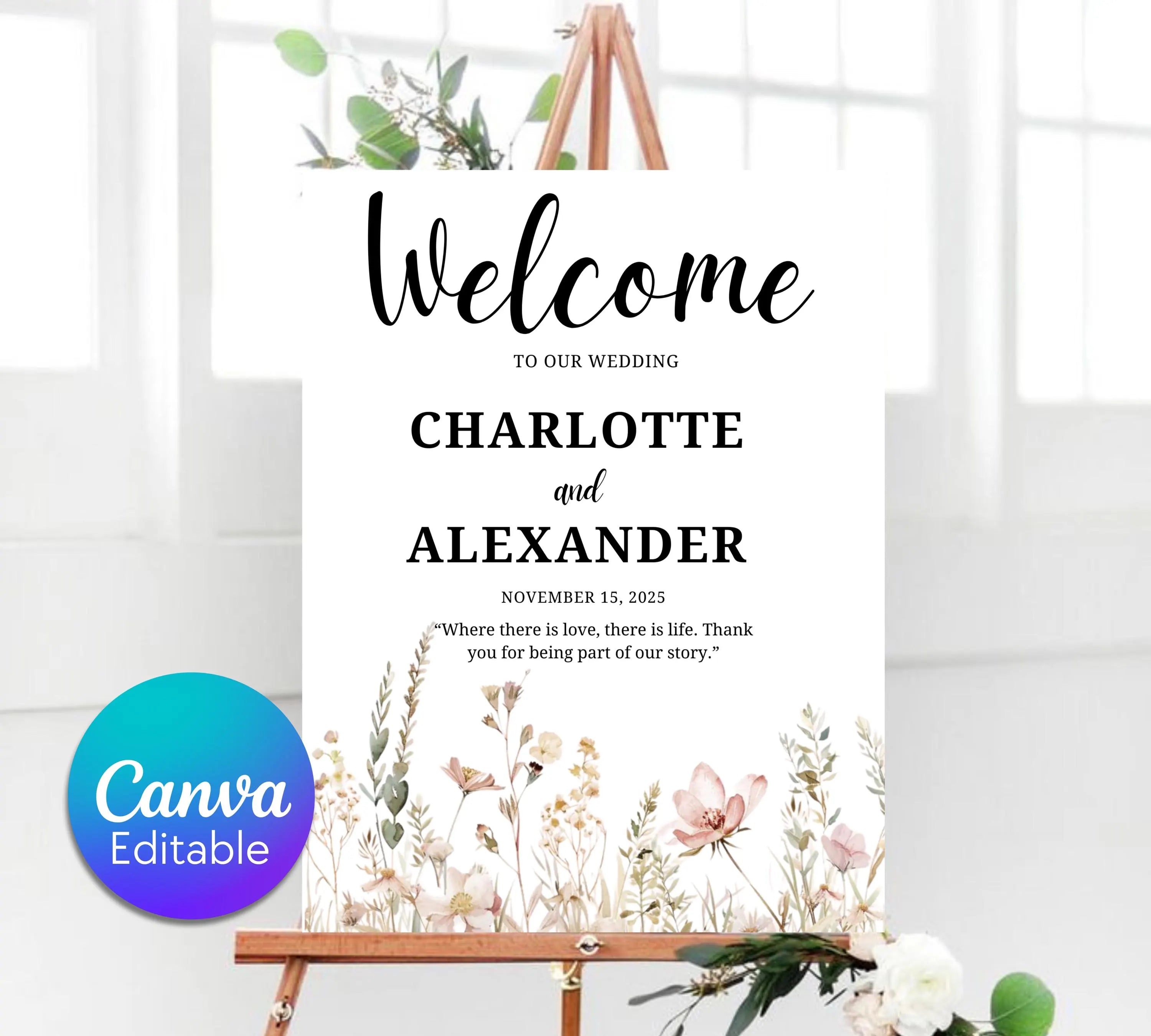 Vintage Botanical Wedding welcome sign, Floral Wedding Garden Party Poster, Boho Flowers Welcome Sign Template, Instant Download
