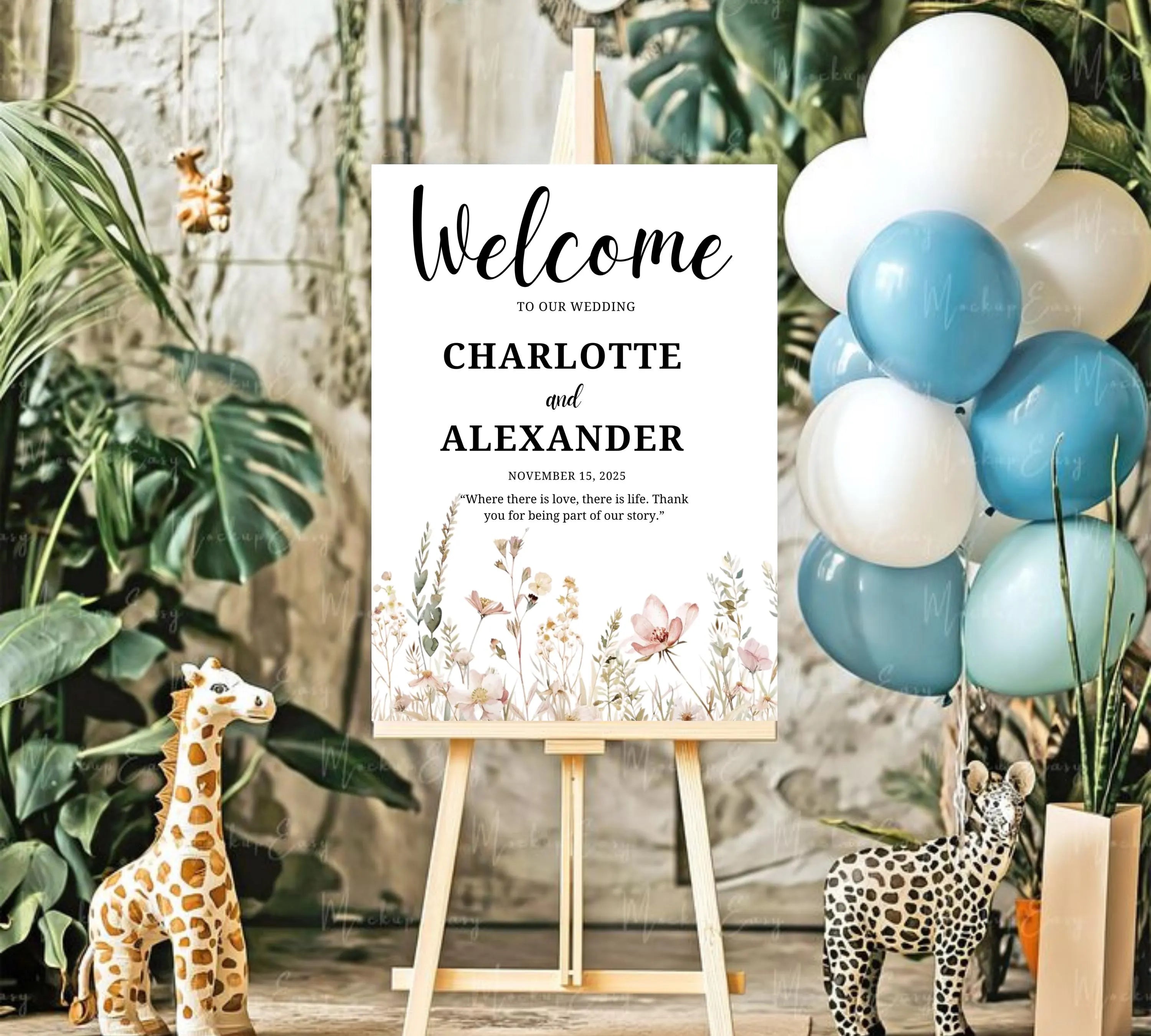 Vintage Botanical Wedding welcome sign, Floral Wedding Garden Party Poster, Boho Flowers Welcome Sign Template, Instant Download