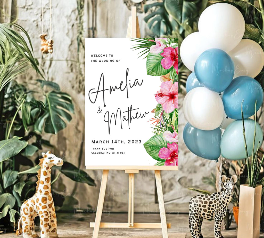 Tropical Wedding Welcome Sign, Editable Tropical Welcome Sign, Tropical Wedding Sign, Floral Theme Wedding Welcome Sign, Instant Download