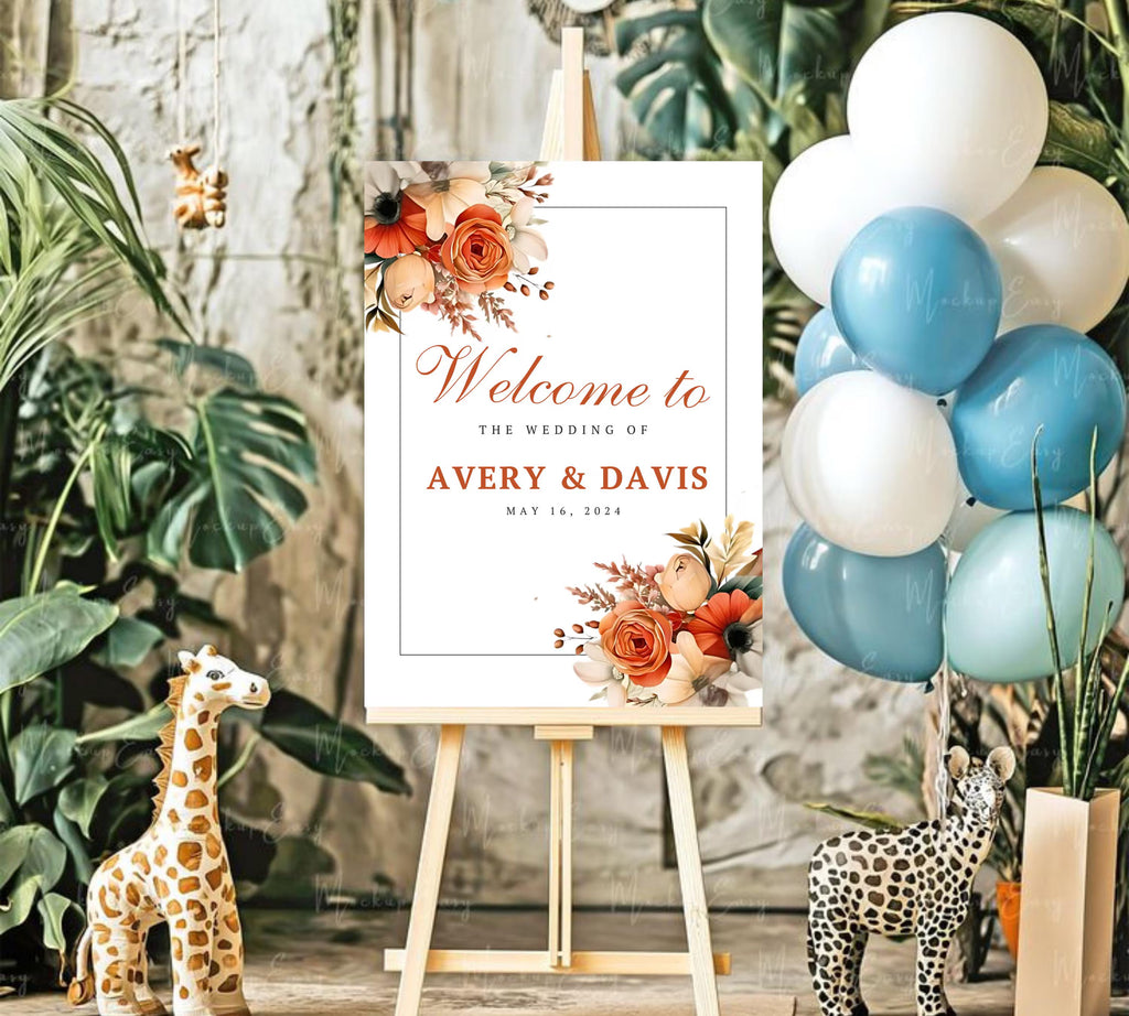 Editable Boho Terracotta Wedding Welcome Sign Template, Floral Burnt Orange Rose Reception Decor Sign, Printable Modern Elegant Wedding Sign