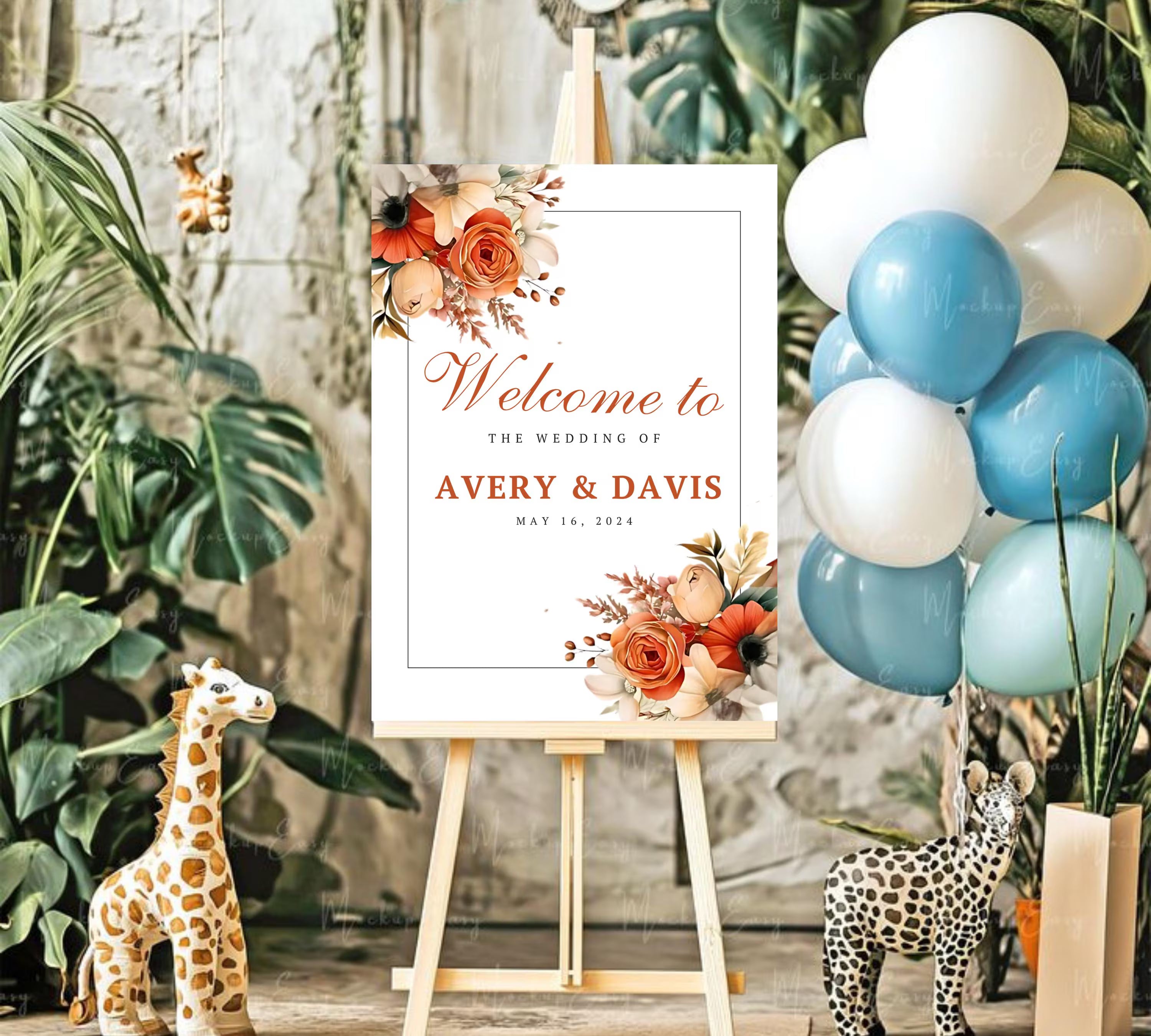 Editable Boho Terracotta Wedding Welcome Sign Template, Floral Burnt Orange Rose Reception Decor Sign, Printable Modern Elegant Wedding Sign