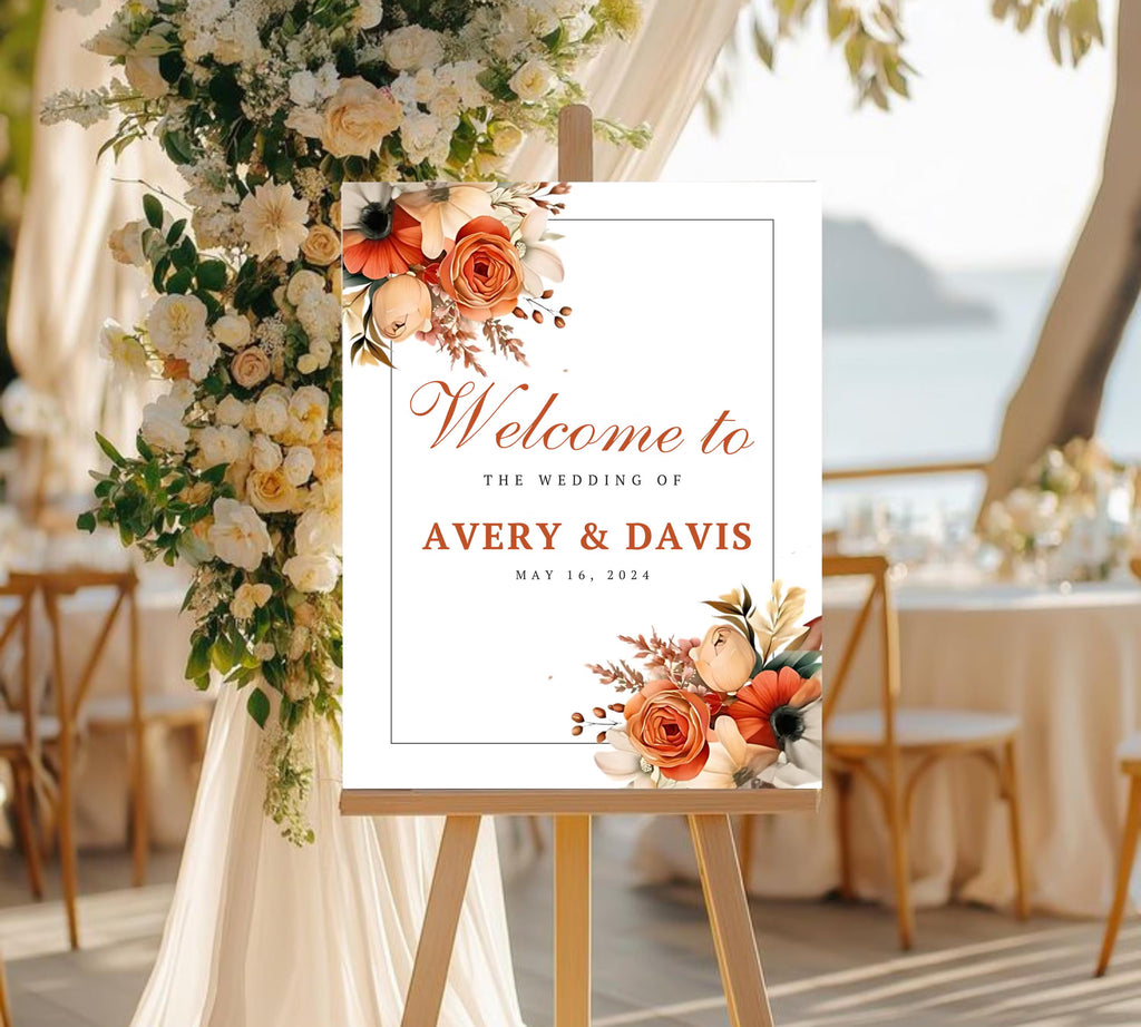 Editable Boho Terracotta Wedding Welcome Sign Template, Floral Burnt Orange Rose Reception Decor Sign, Printable Modern Elegant Wedding Sign