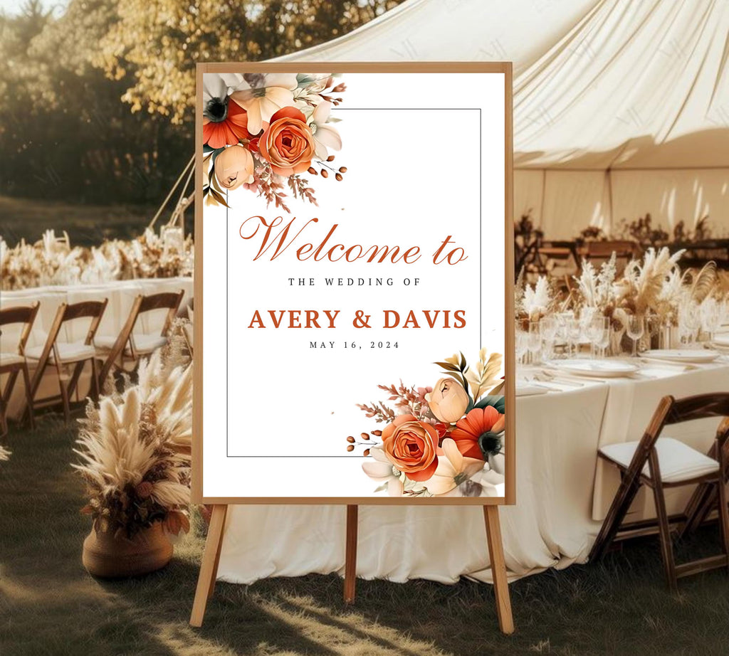 Editable Boho Terracotta Wedding Welcome Sign Template, Floral Burnt Orange Rose Reception Decor Sign, Printable Modern Elegant Wedding Sign