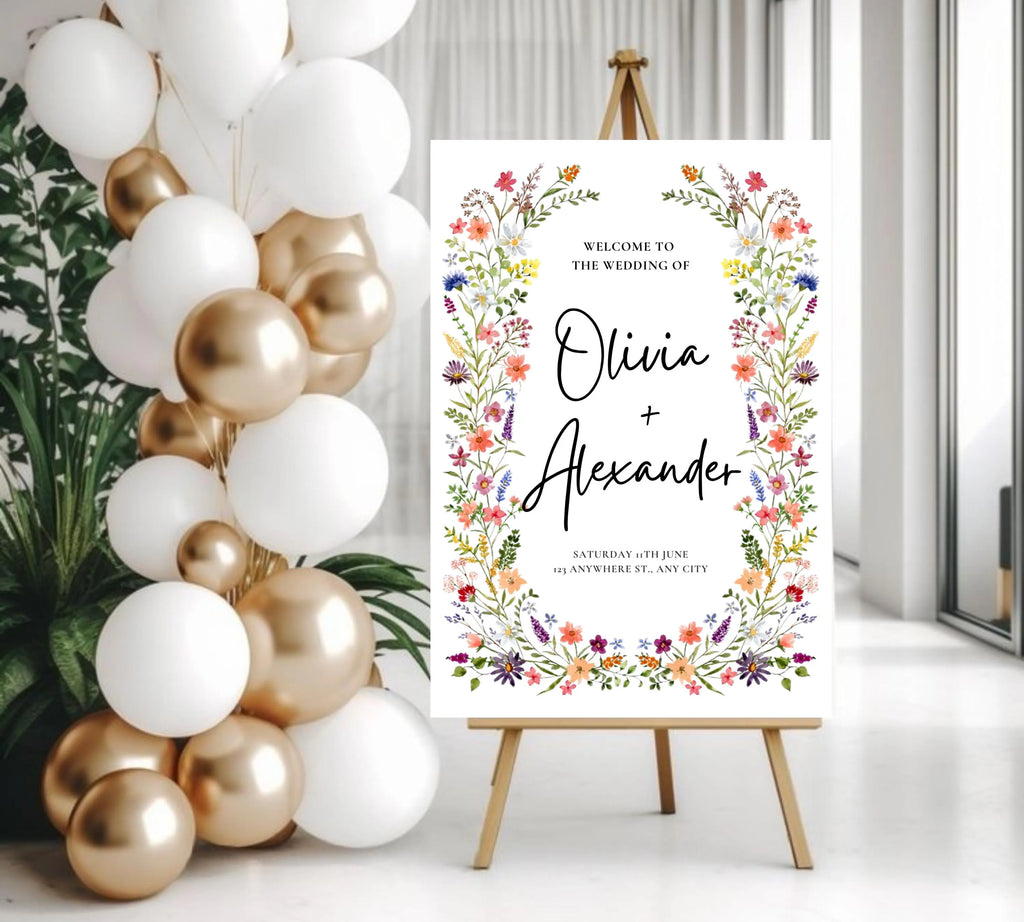 Spring Garden Wedding Welcome Sign Template, Pastel Floral Love is in Bloom Wedding Decor, Summer Wildflower Bouquet, Instant Download