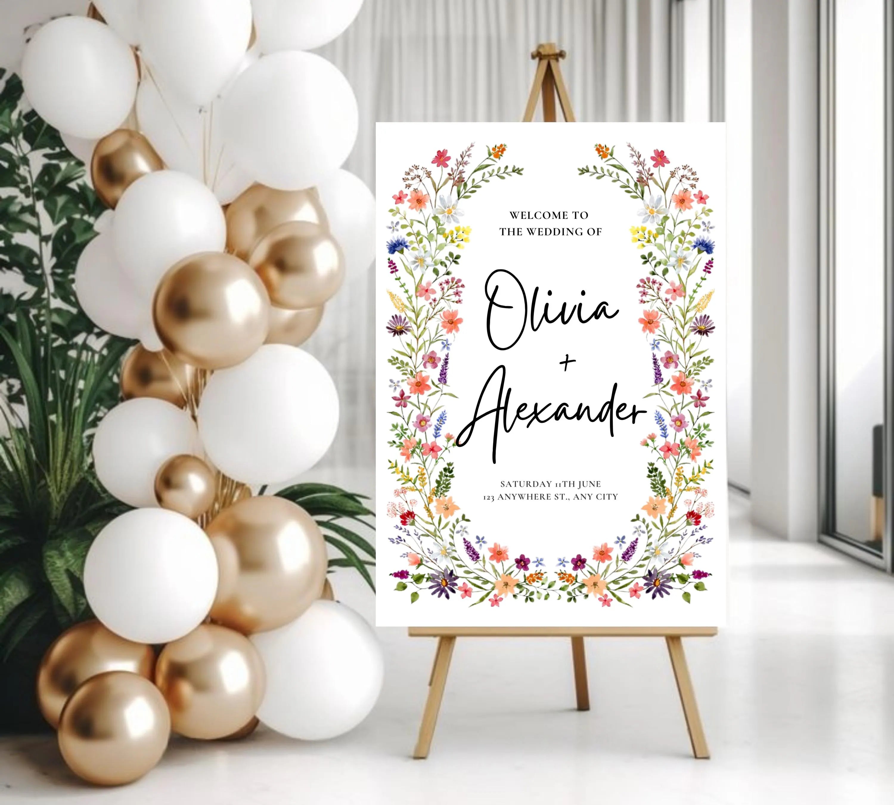 Spring Garden Wedding Welcome Sign Template, Pastel Floral Love is in Bloom Wedding Decor, Summer Wildflower Bouquet, Instant Download