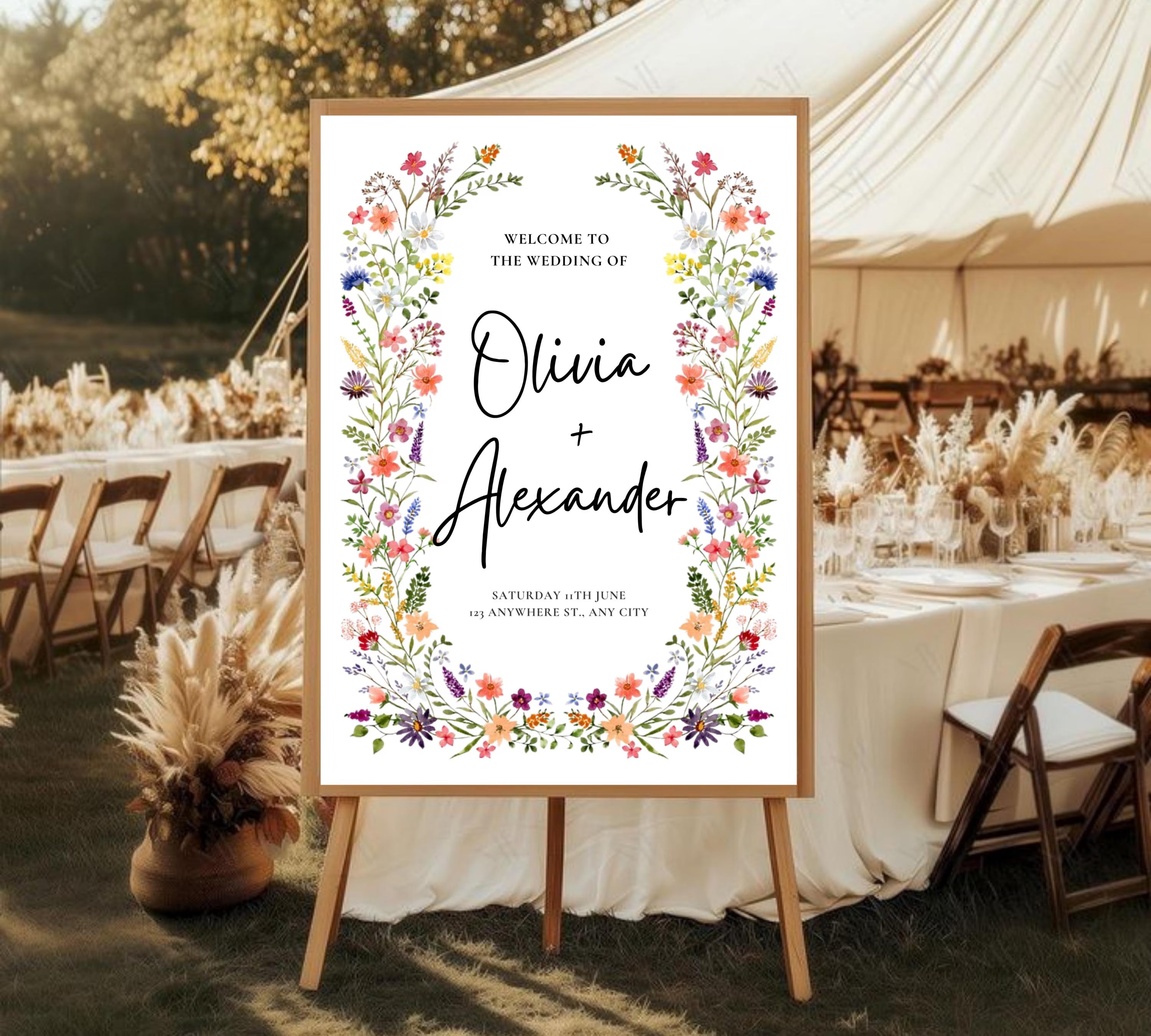 Spring Garden Wedding Welcome Sign Template, Pastel Floral Love is in Bloom Wedding Decor, Summer Wildflower Bouquet, Instant Download