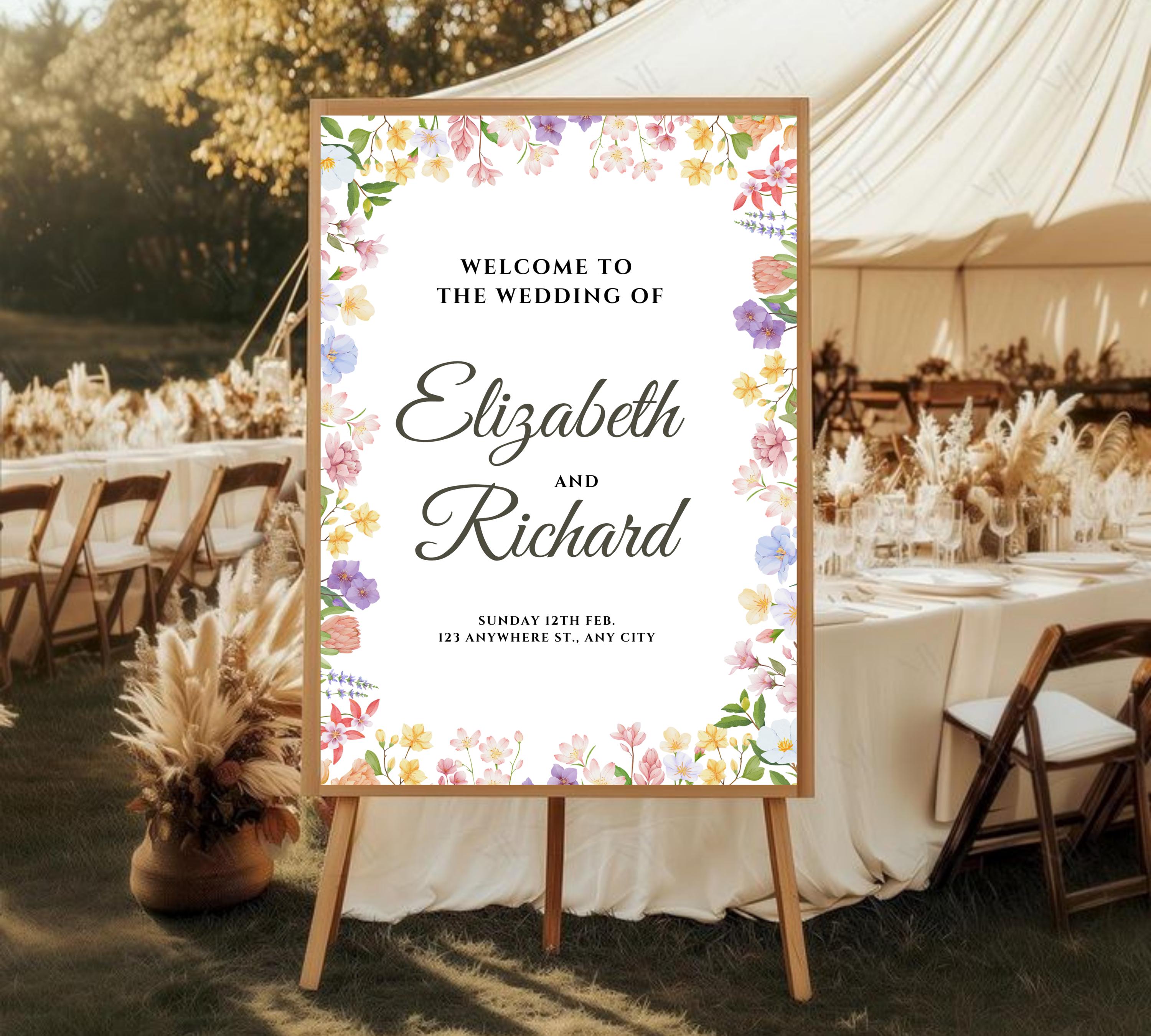 Editable Wildflower Wedding Welcome Sign, Colorful Floral Wedding Garden Party Sign, Rustic Wildflowers Welcome Template, Instant Download