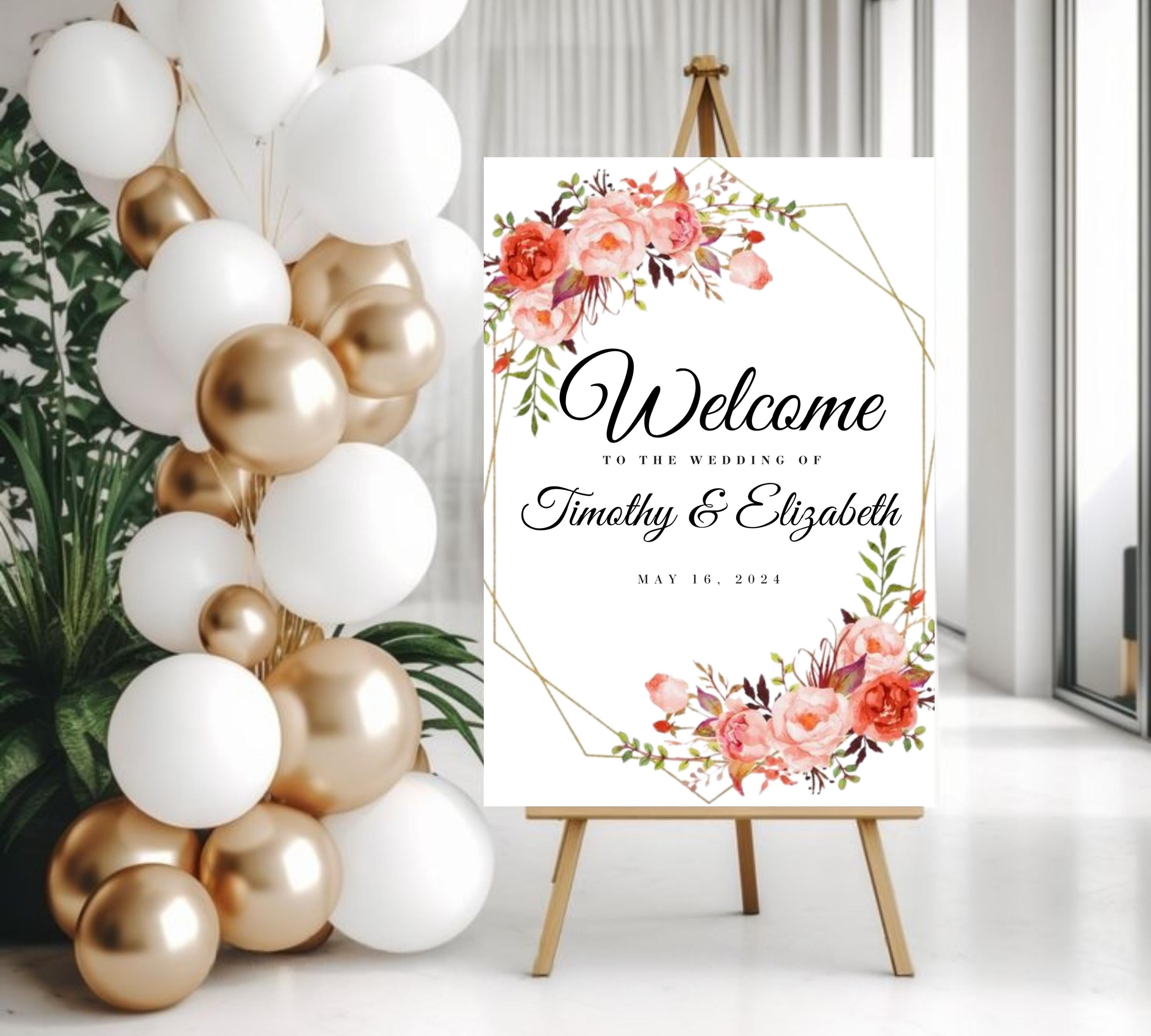 Coral and Gold floral wedding Welcome Sign, Colorful Floral Wedding Garden Party Sign, Gold Floral Welcome Template, Instant Download