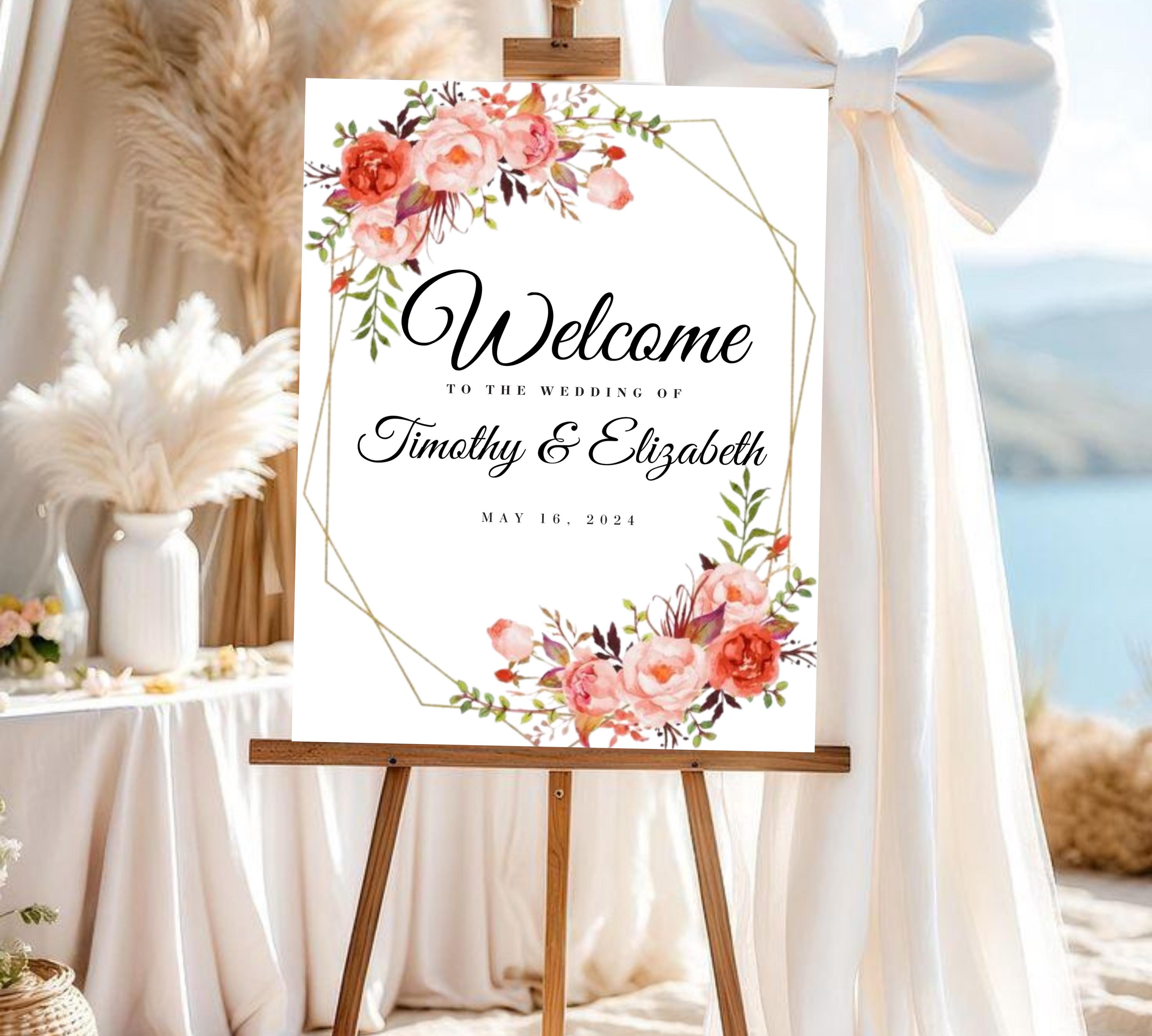 Coral and Gold floral wedding Welcome Sign, Colorful Floral Wedding Garden Party Sign, Gold Floral Welcome Template, Instant Download