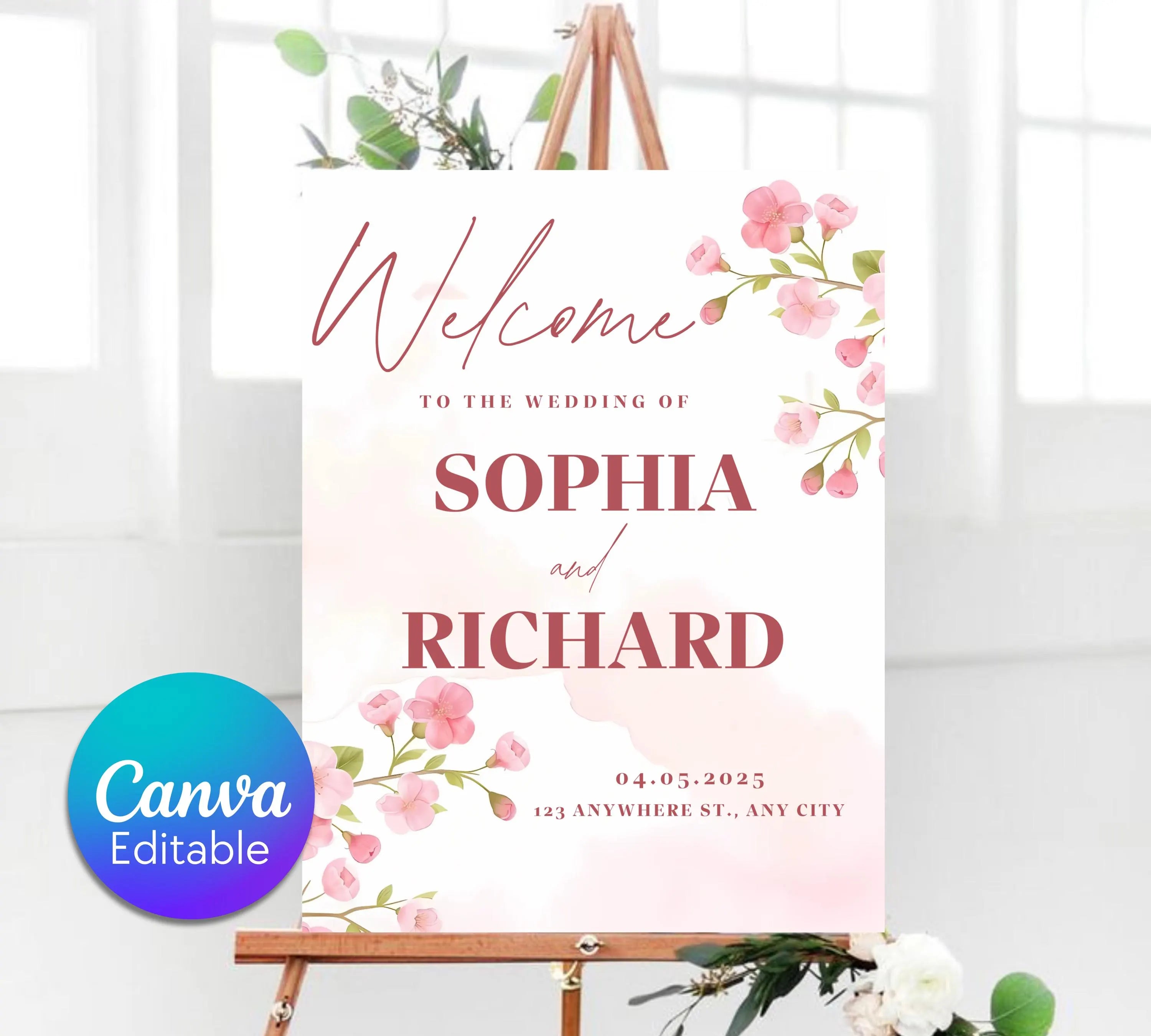 Editable Cherry Blossom Wedding Welcome Sign, Pink Floral Welcome Sign Template, Spring Wedding Reception Sign, Canva Instant Download