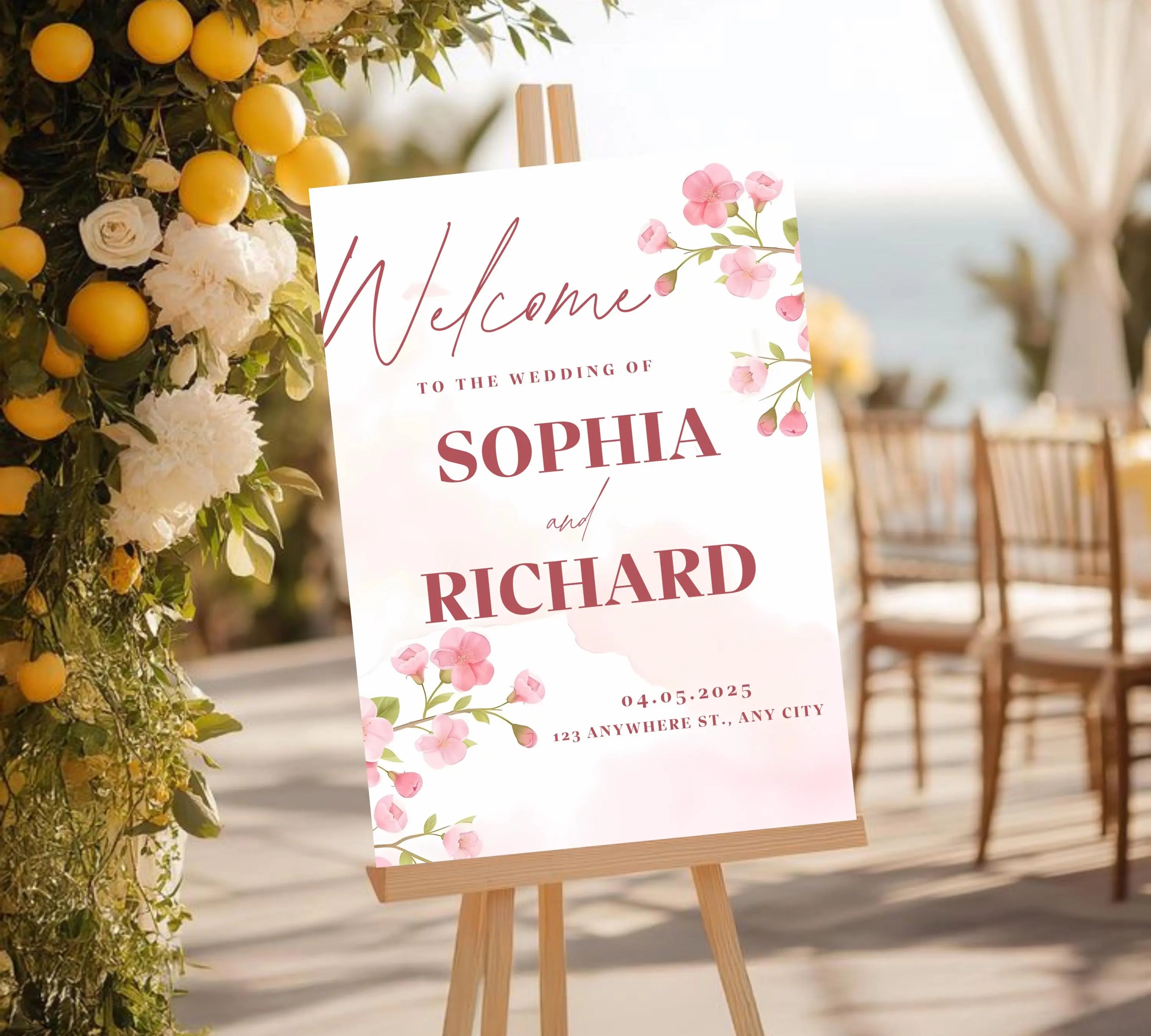 Editable Cherry Blossom Wedding Welcome Sign, Pink Floral Welcome Sign Template, Spring Wedding Reception Sign, Canva Instant Download