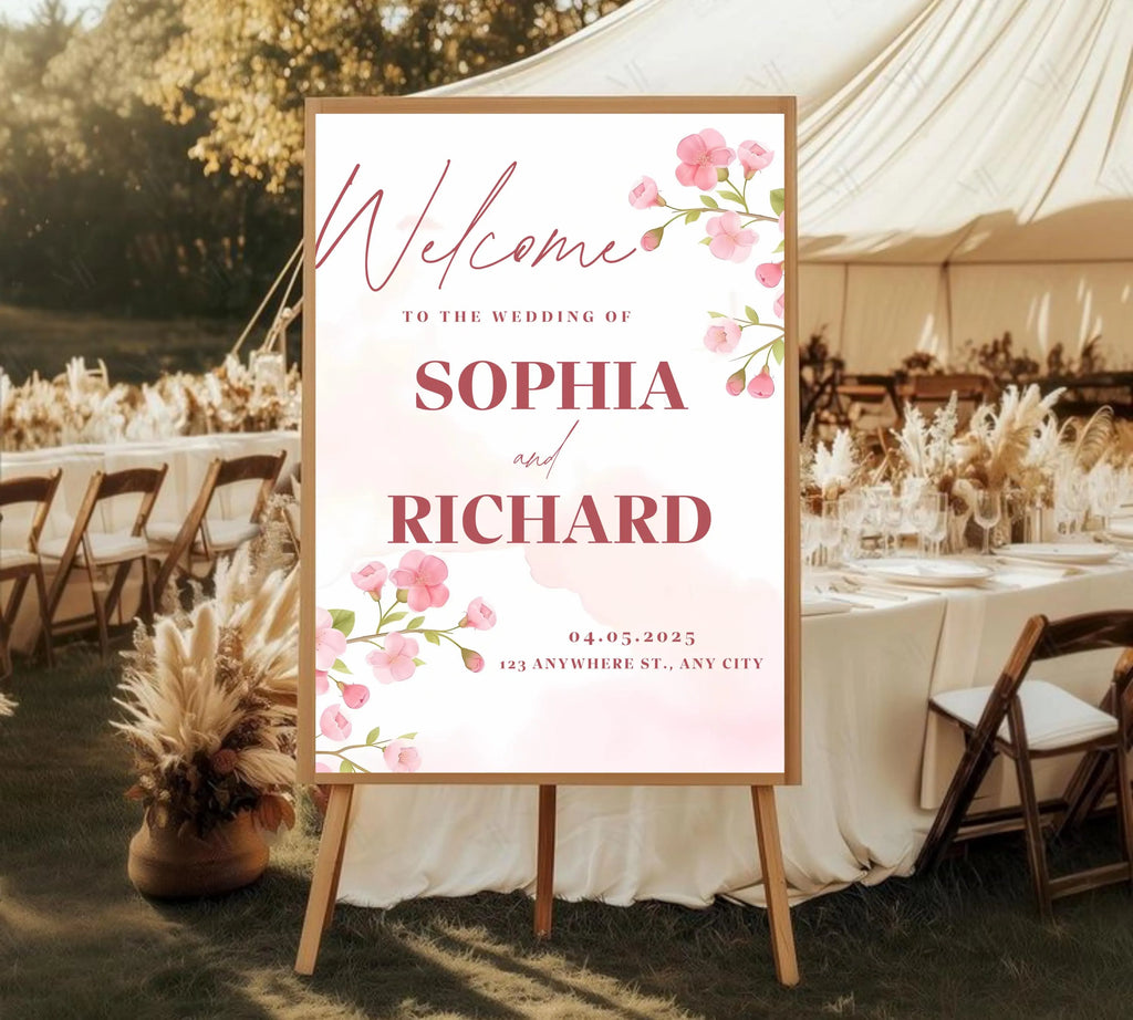 Editable Cherry Blossom Wedding Welcome Sign, Pink Floral Welcome Sign Template, Spring Wedding Reception Sign, Canva Instant Download