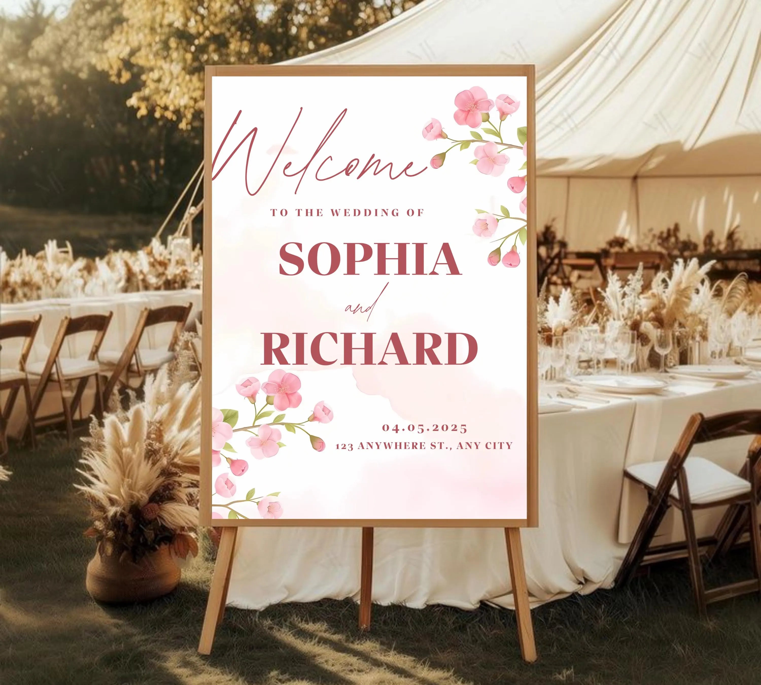 Editable Cherry Blossom Wedding Welcome Sign, Pink Floral Welcome Sign Template, Spring Wedding Reception Sign, Canva Instant Download