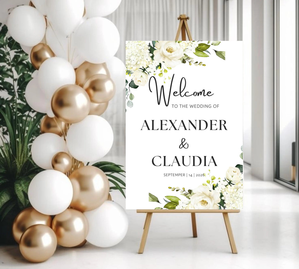 White Floral Wedding Welcome Sign Template, Editable Welcome Wedding Sign, Printable Wedding Sign, White Flowers, Instant Download signage