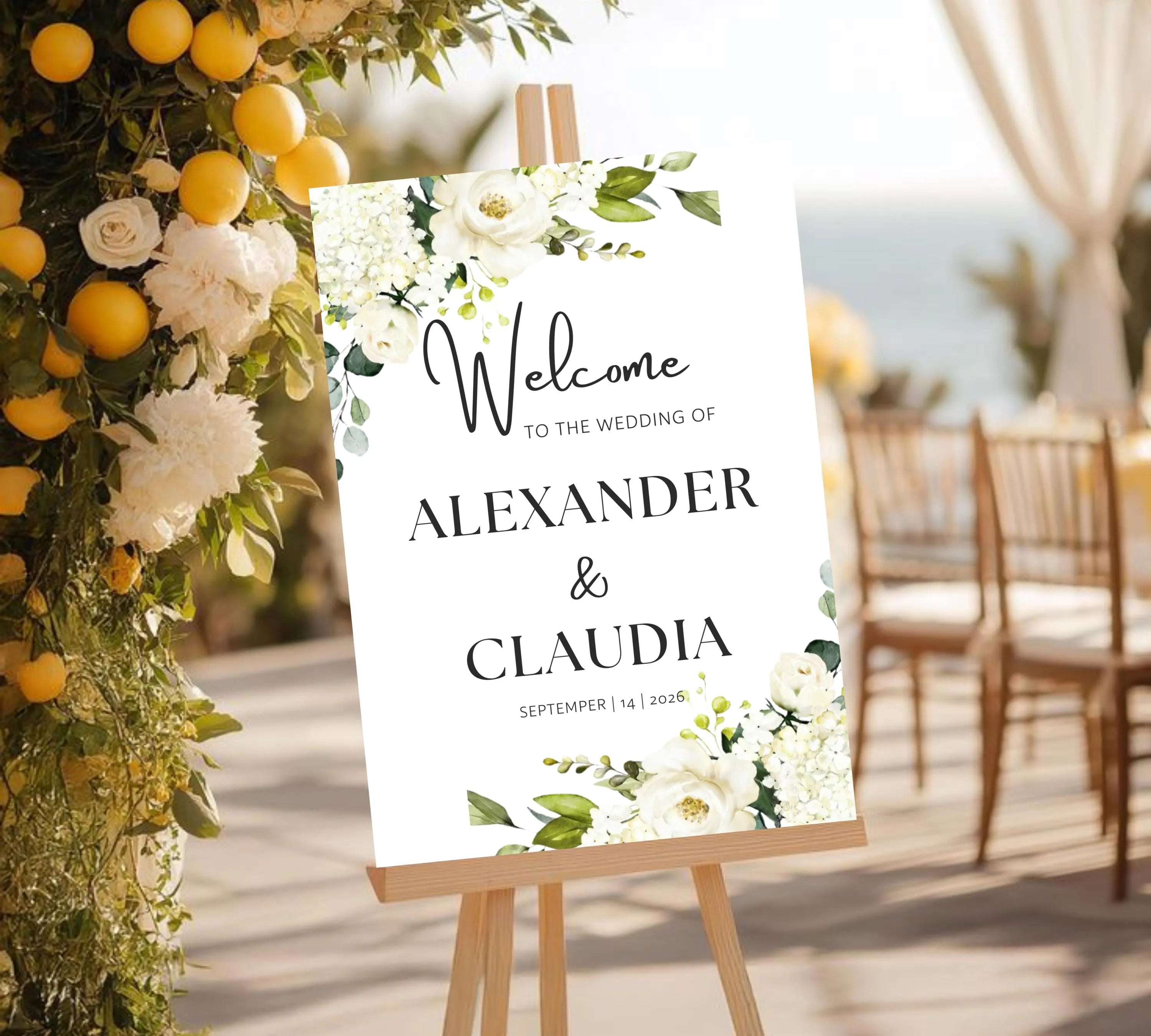 White Floral Wedding Welcome Sign Template, Editable Welcome Wedding Sign, Printable Wedding Sign, White Flowers, Instant Download signage