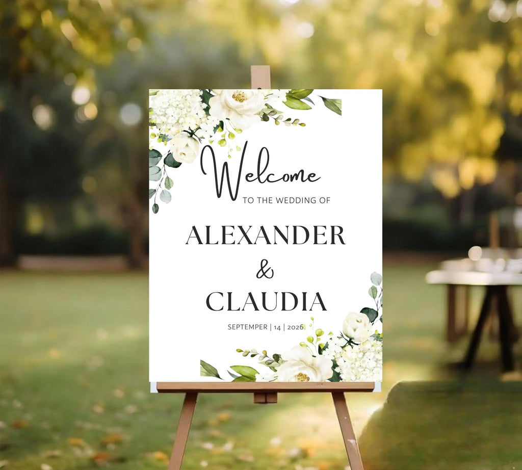 White Floral Wedding Welcome Sign Template, Editable Welcome Wedding Sign, Printable Wedding Sign, White Flowers, Instant Download signage