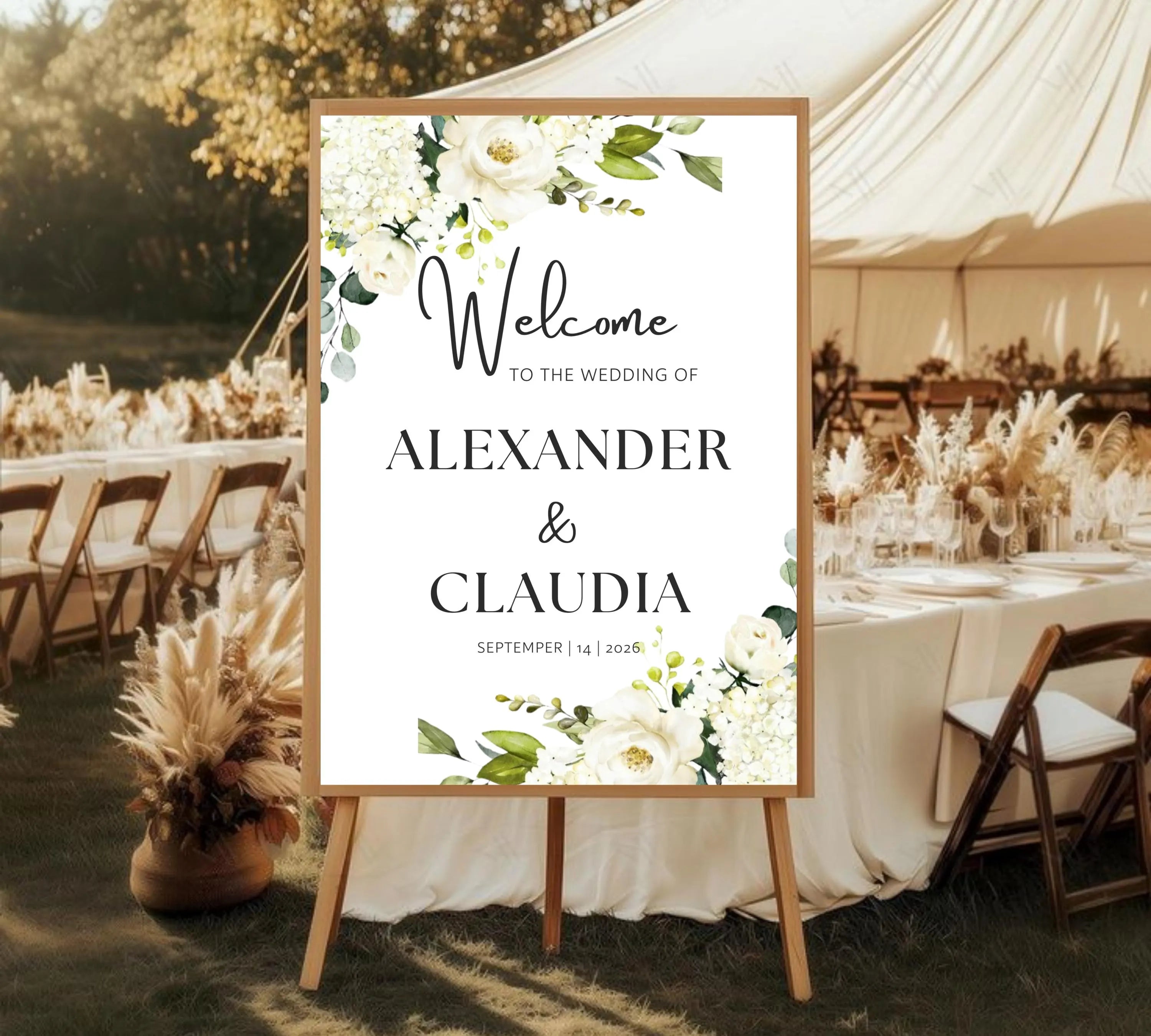 White Floral Wedding Welcome Sign Template, Editable Welcome Wedding Sign, Printable Wedding Sign, White Flowers, Instant Download signage
