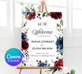 Burgundy and Navy Blue Wedding Welcome Sign Template, Floral Sign Template, Deep Red Wedding Welcome Sign, Decor Display Digital Download