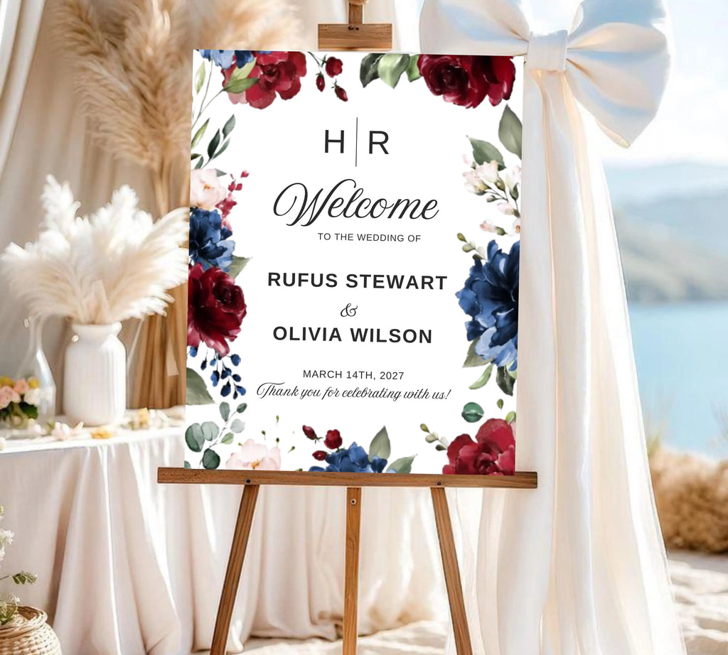 Burgundy and Navy Blue Wedding Welcome Sign Template, Floral Sign Template, Deep Red Wedding Welcome Sign, Decor Display Digital Download